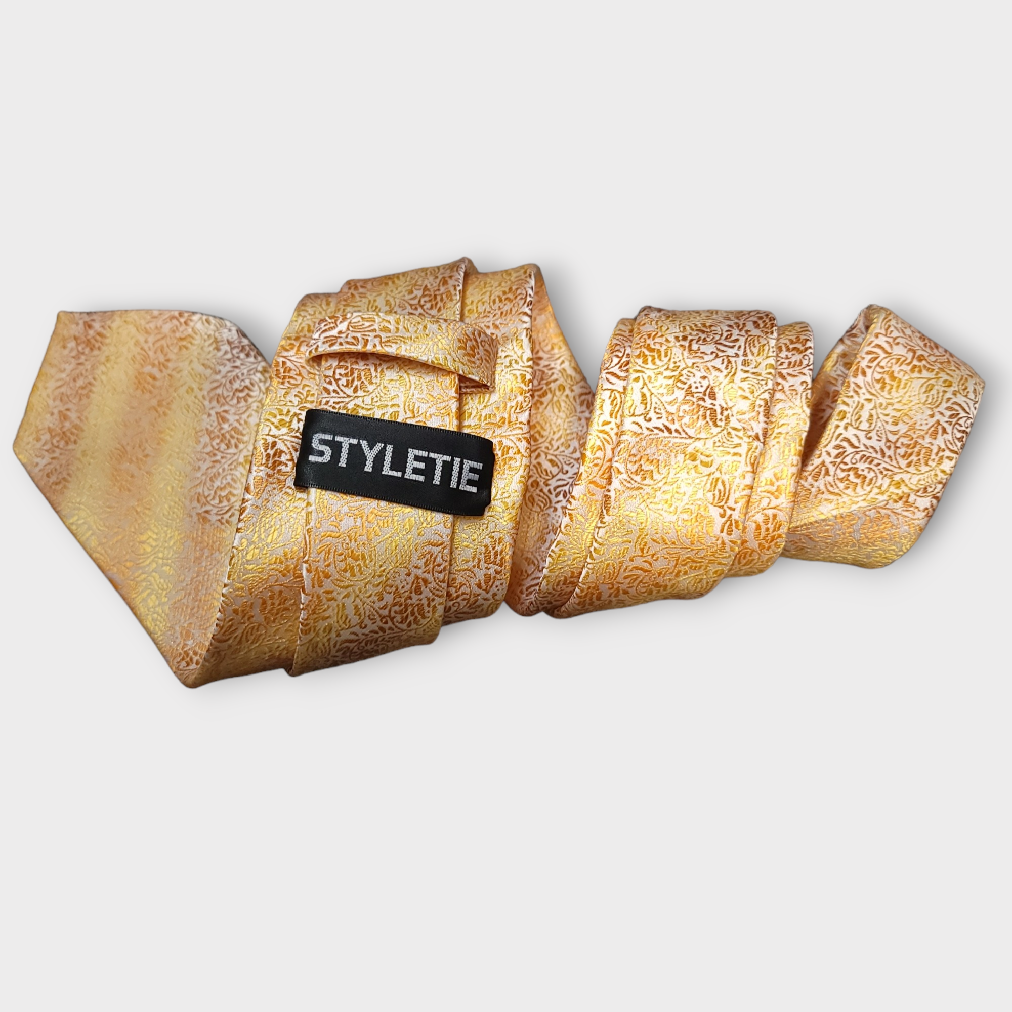 Gold Floral Silk Tie Pocket Square Cufflink Set