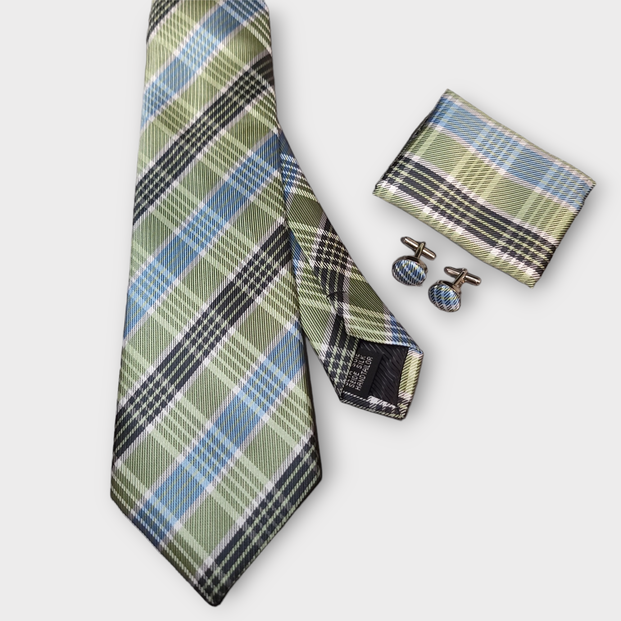 Sage Green Blue Black Plaid Silk Tie Pocket Square Cufflink Set