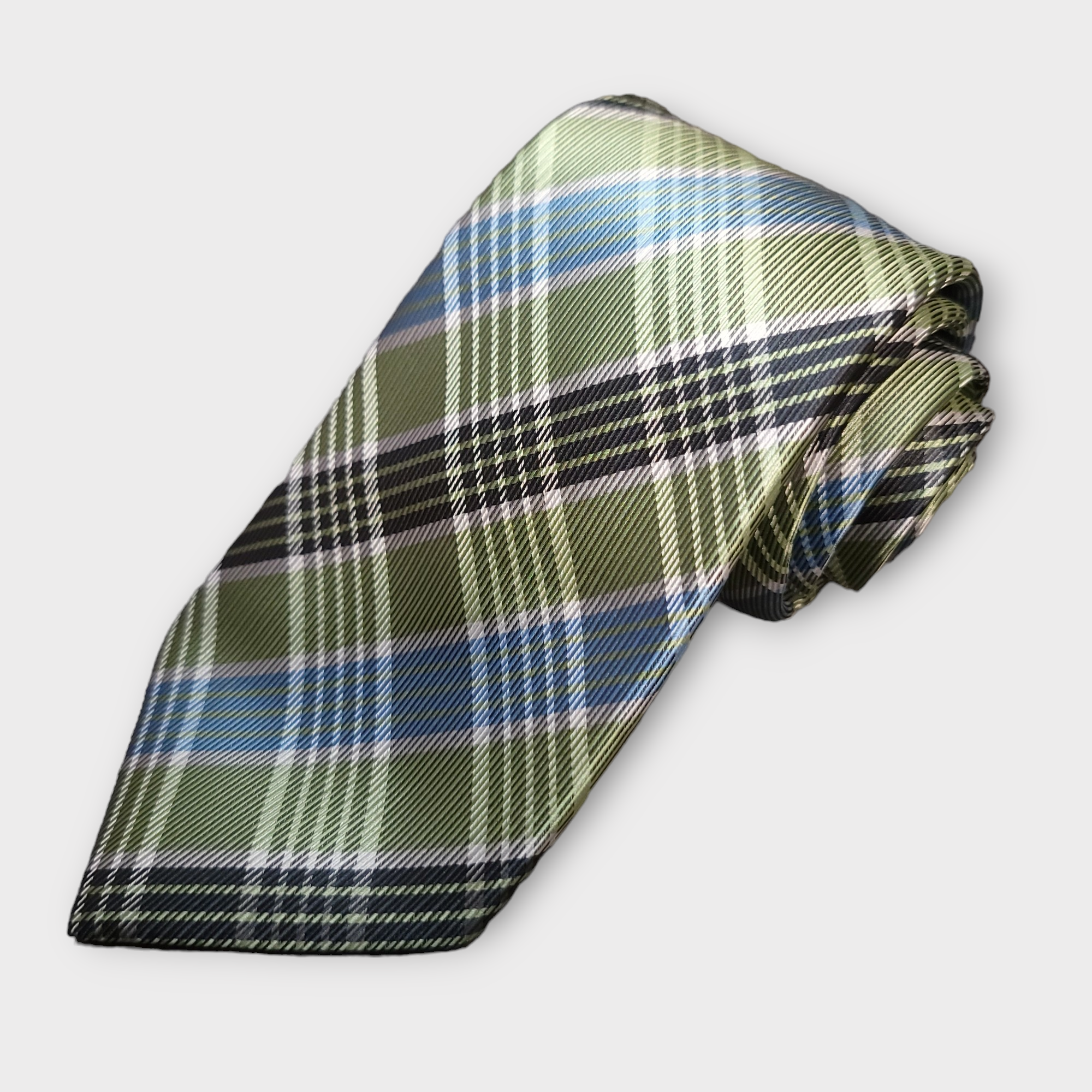 Sage Green Blue Black Plaid Silk Tie Pocket Square Cufflink Set