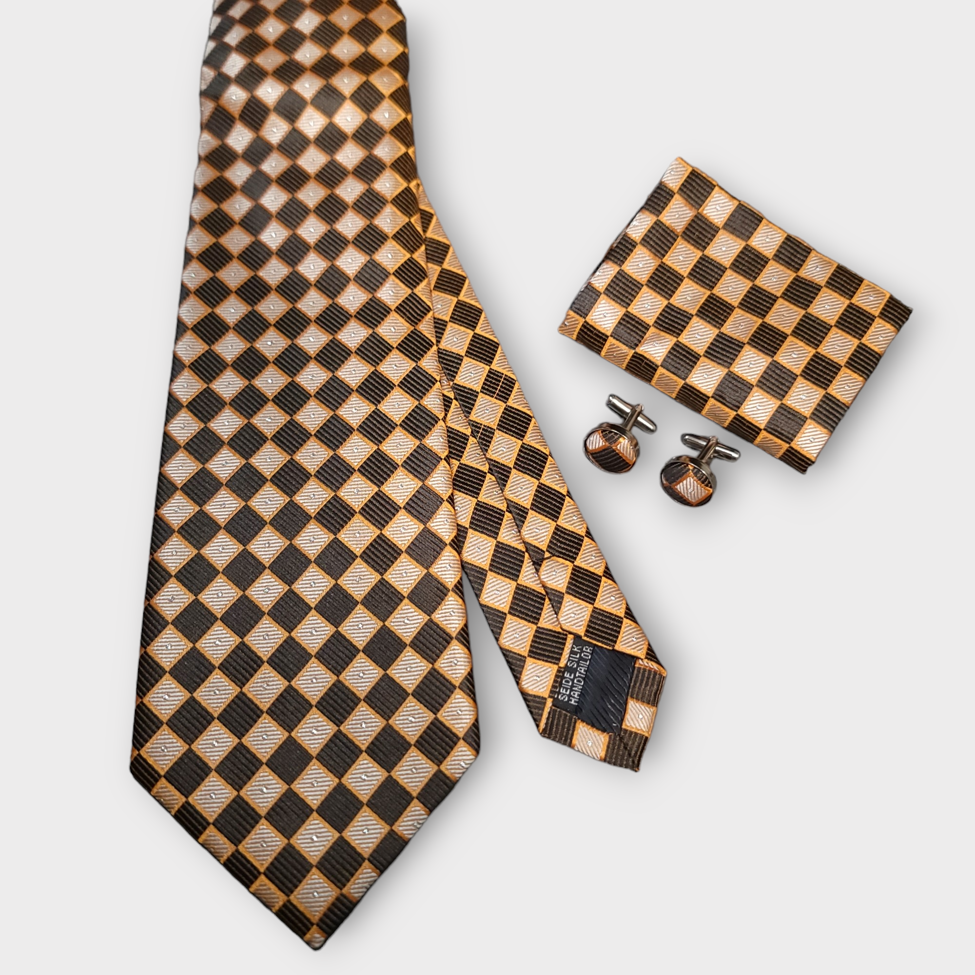Gold Orange Plaid Silk Tie Pocket Square Cufflink Set