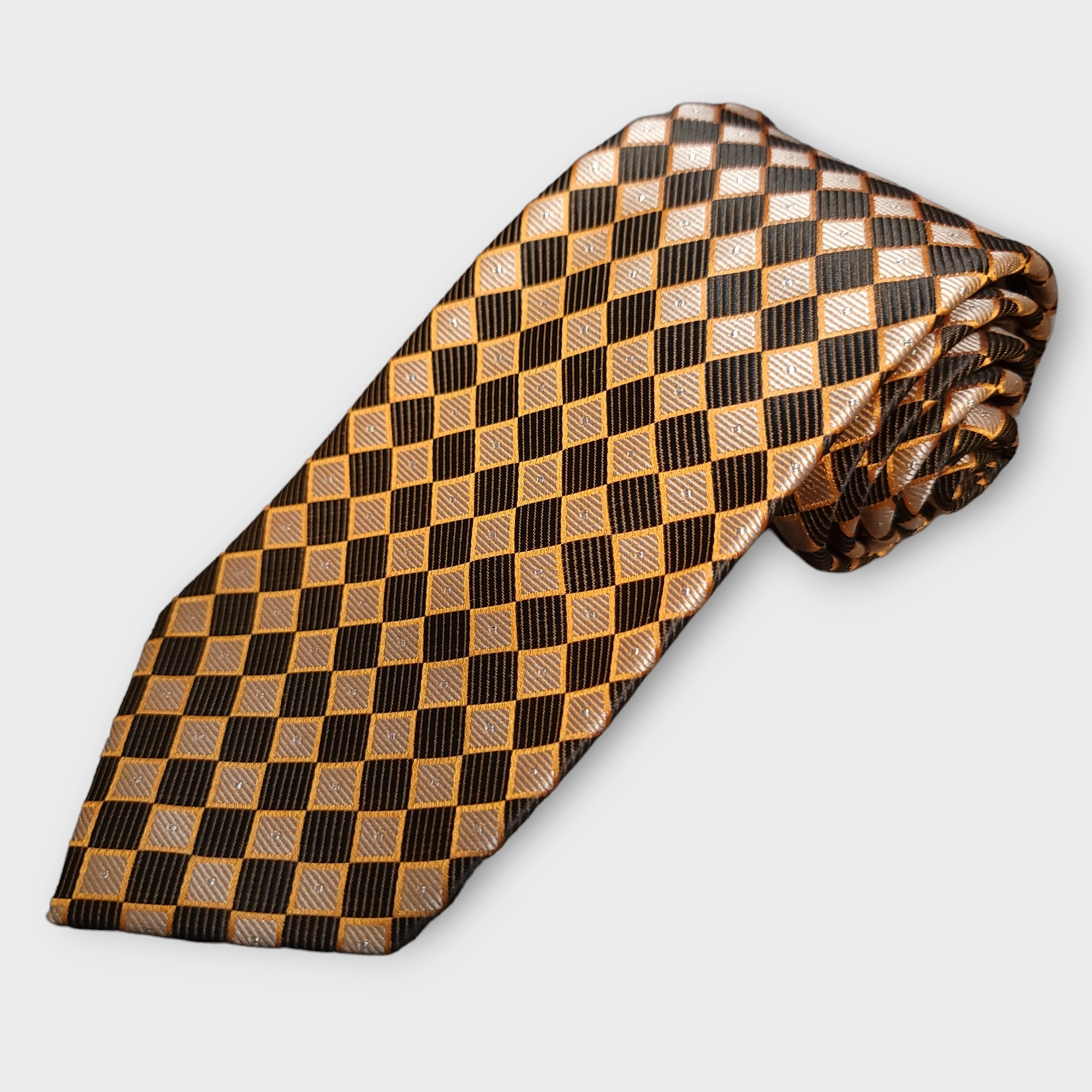 Gold Orange Plaid Silk Tie Pocket Square Cufflink Set