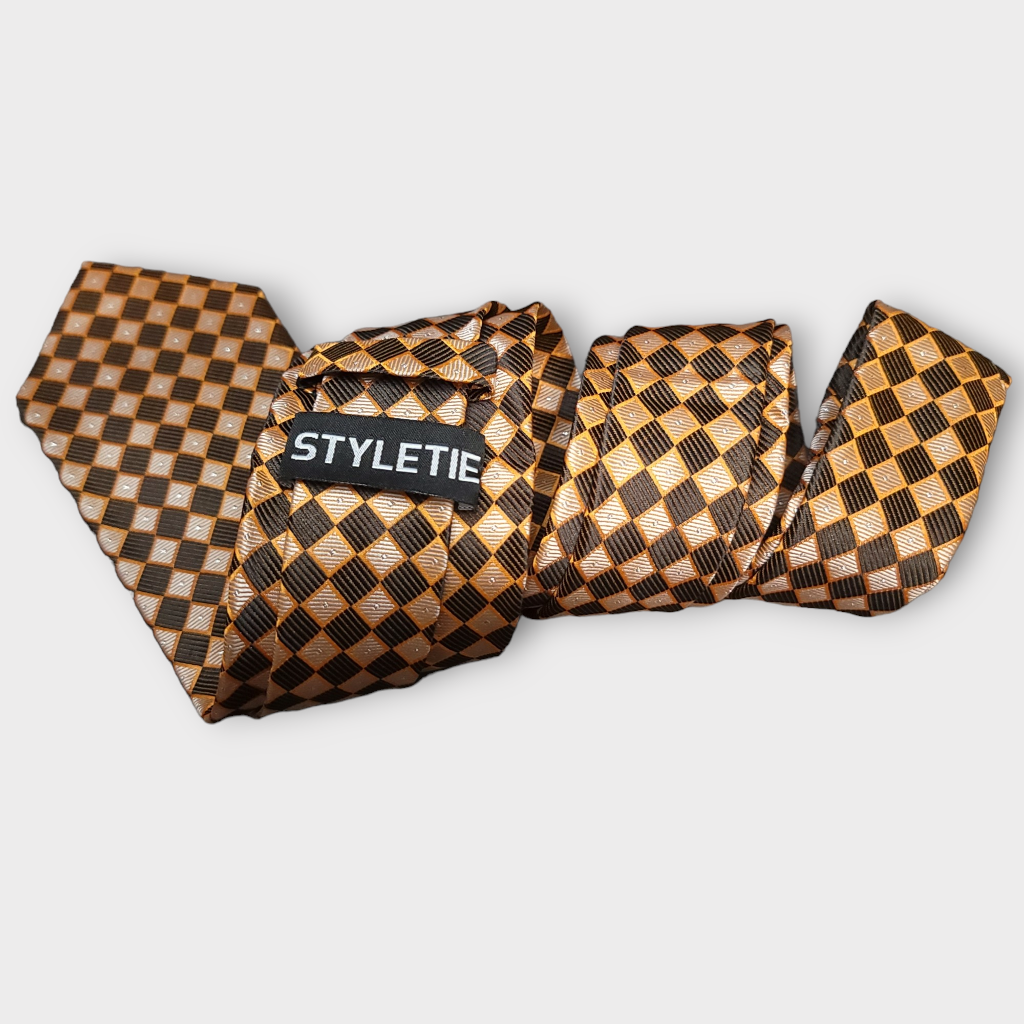 Gold Orange Plaid Silk Tie Pocket Square Cufflink Set