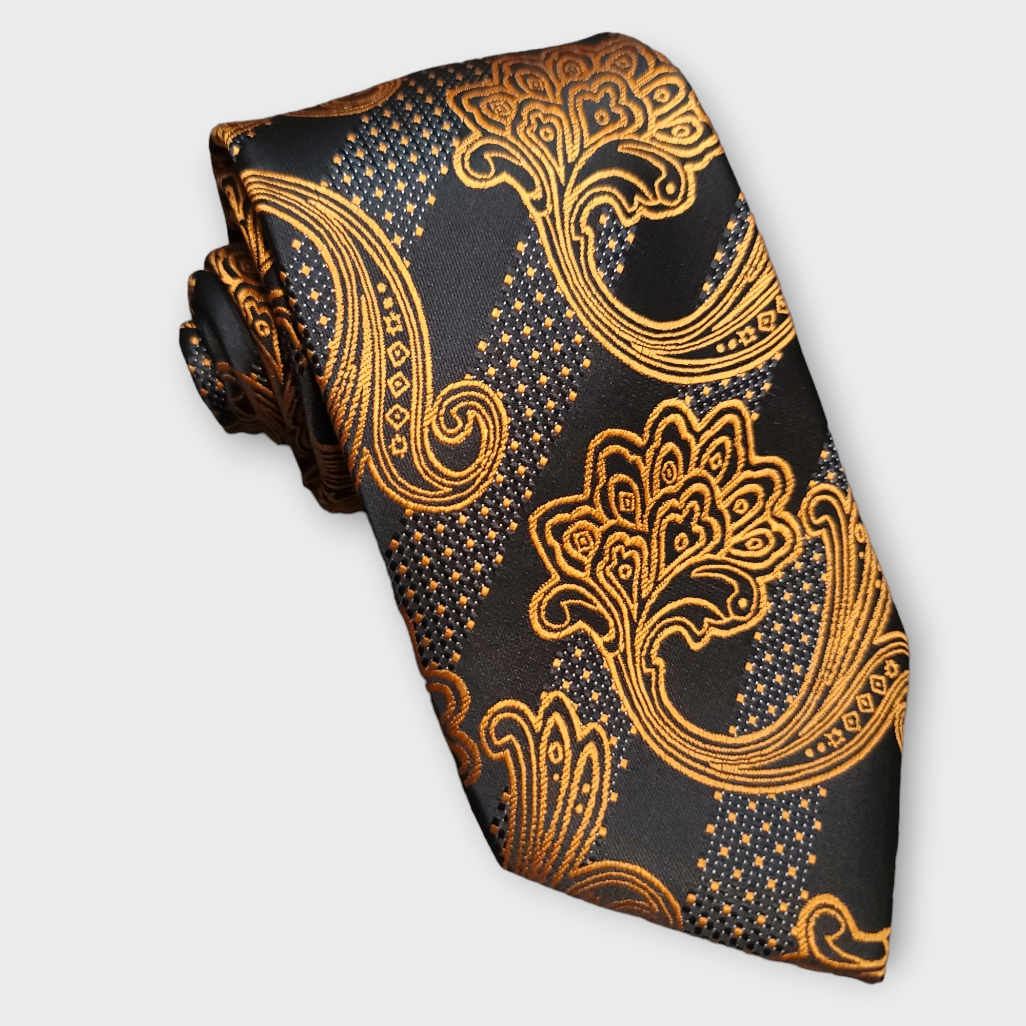 Black Gold Striped Silk Tie Pocket Square Cufflink Set