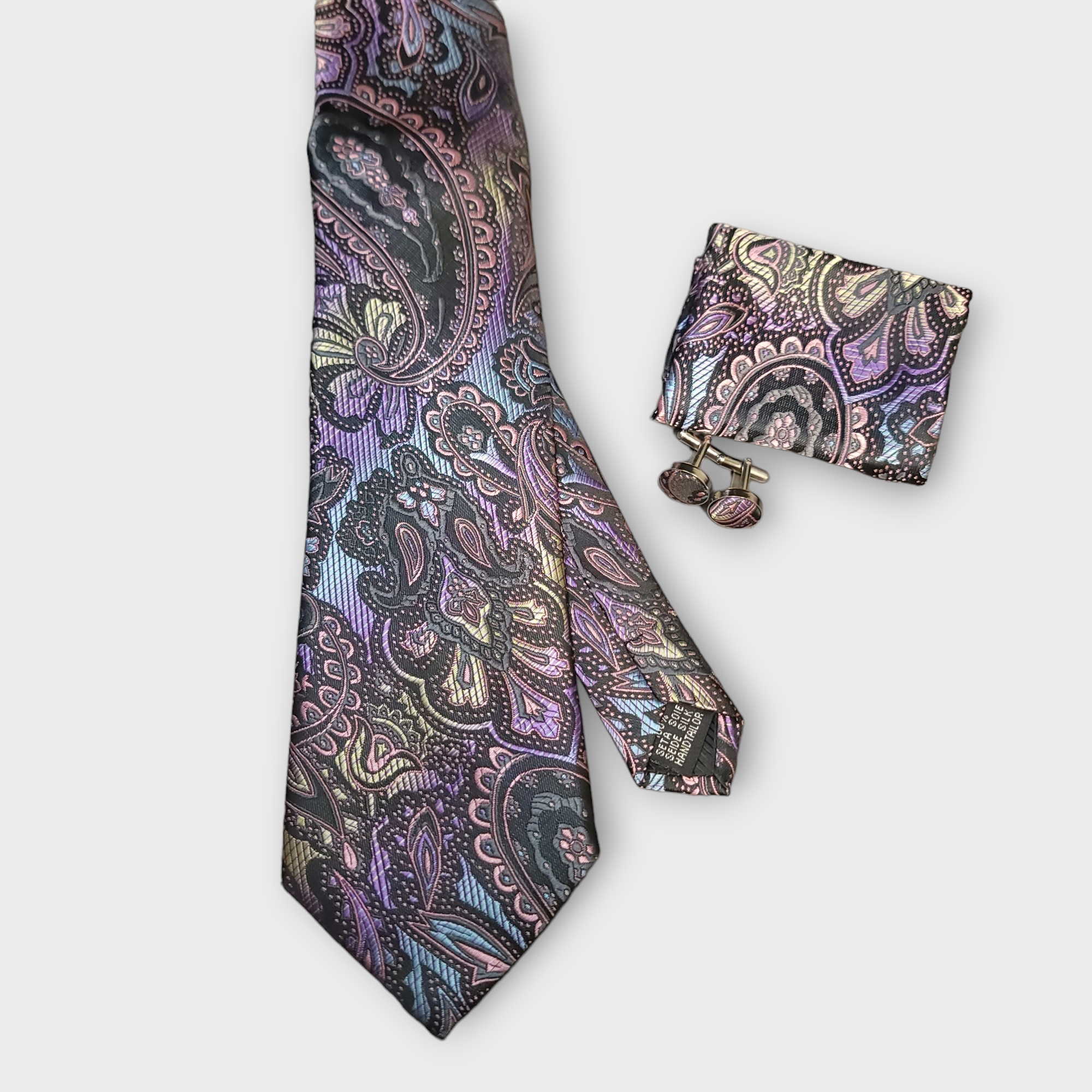 Paisley Purple Colorful Silk Tie Pocket Square Cufflink Set