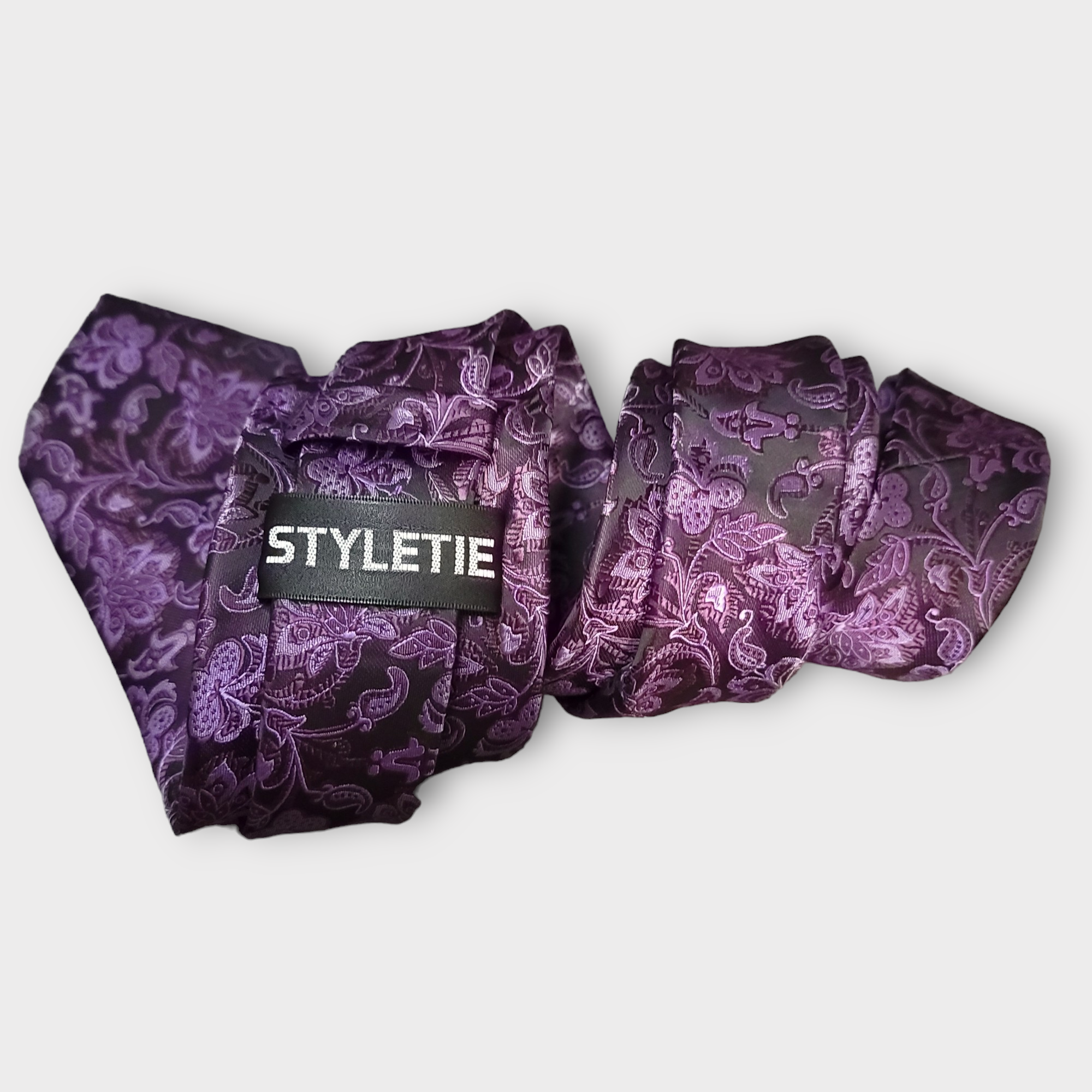 Black Purple Floral Silk Tie Pocket Square Cufflink Set