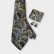 Black Silver paisley Silk Tie Pocket Square Cufflink Set