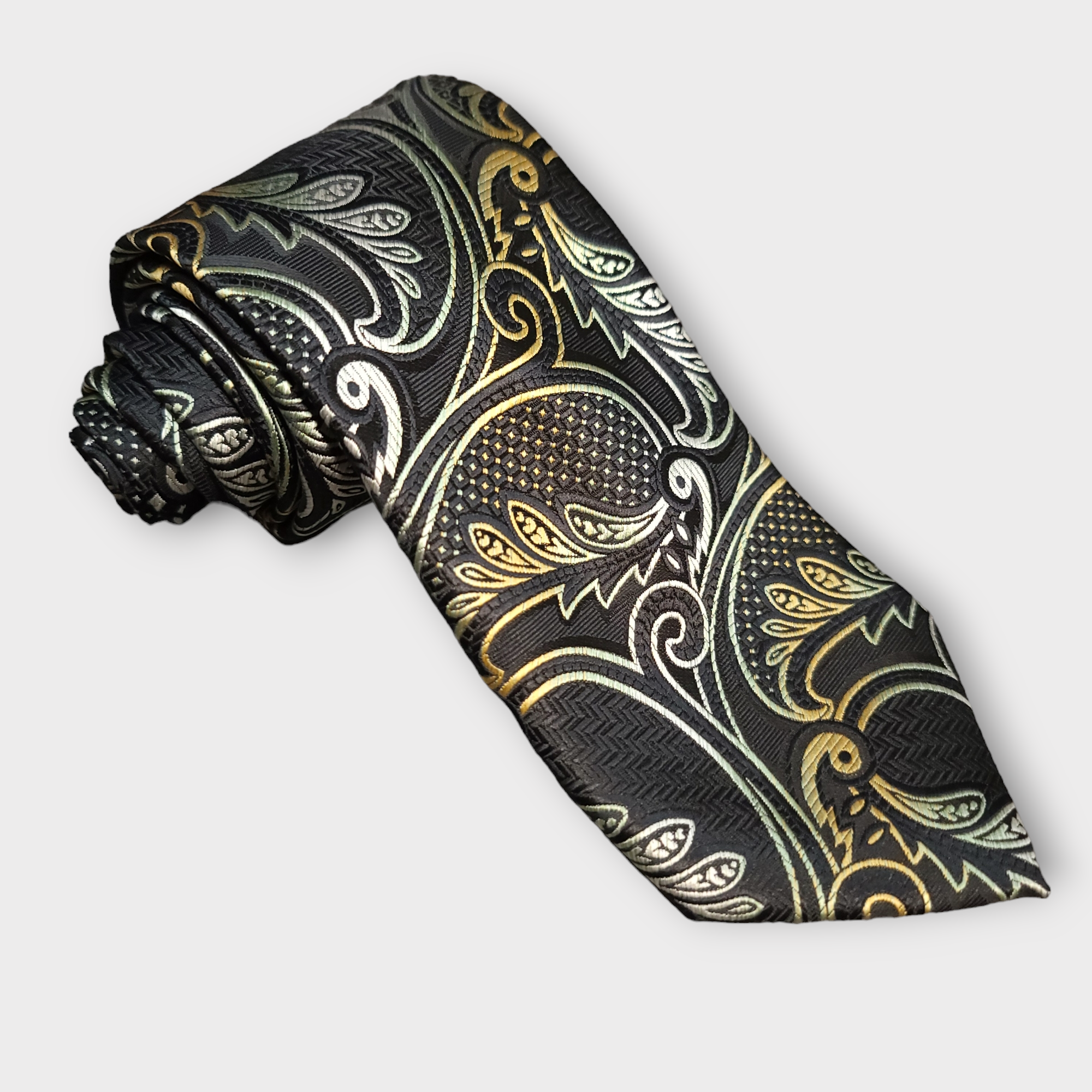 Black Silver paisley Silk Tie Pocket Square Cufflink Set