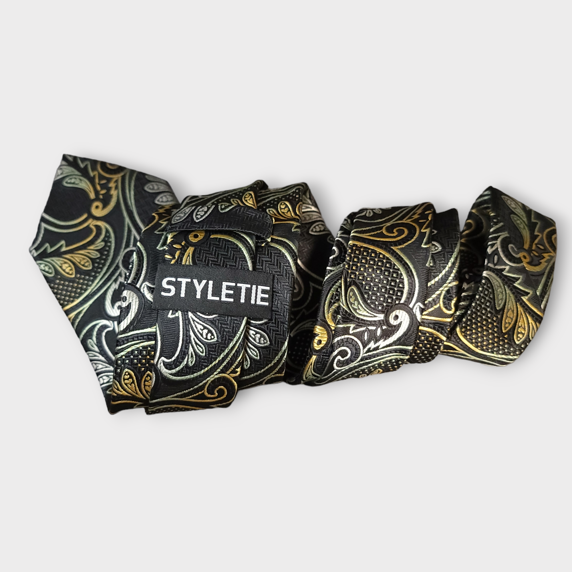 Black Silver paisley Silk Tie Pocket Square Cufflink Set