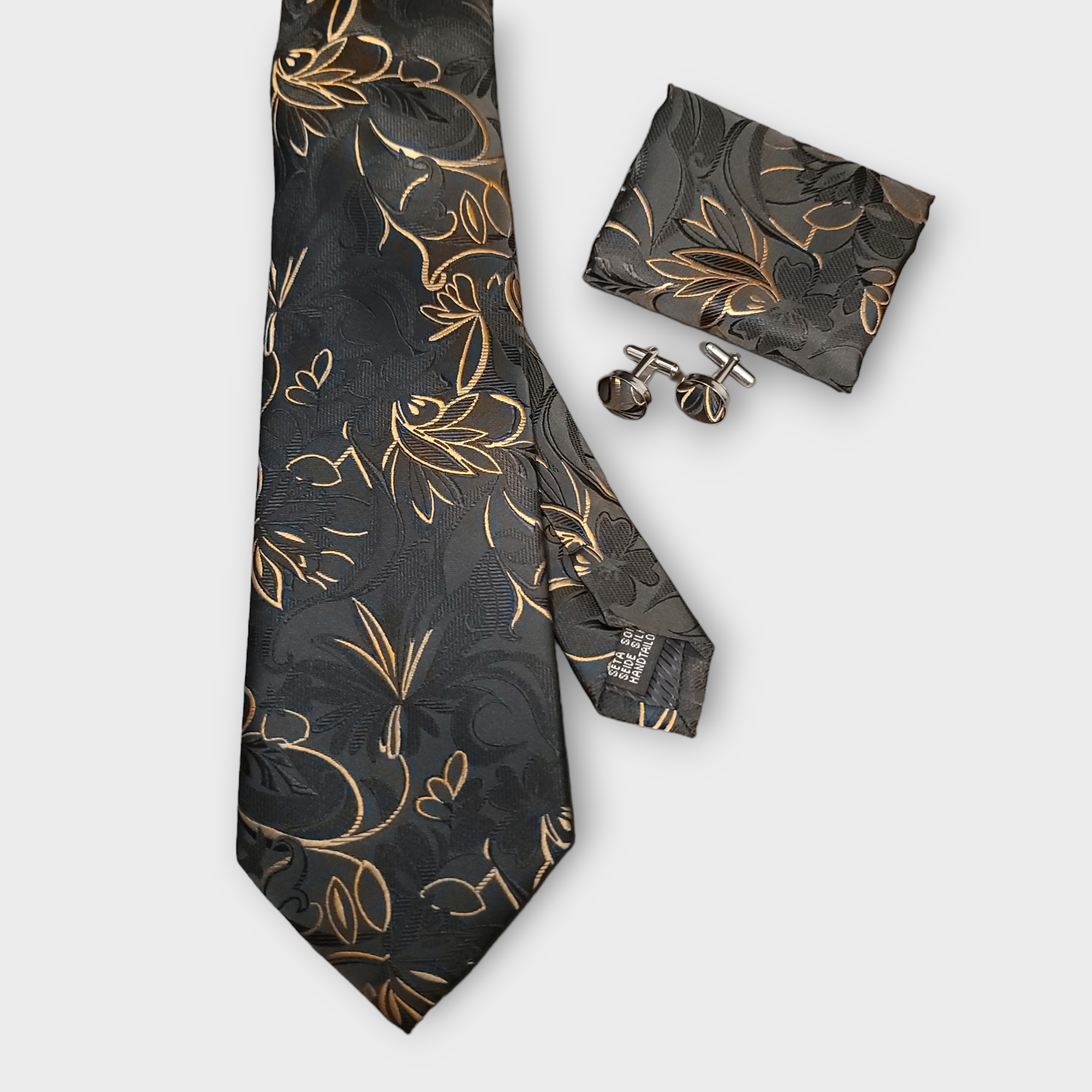 Black Gold Floral Pattern Silk Tie Pocket Square Cufflink Set