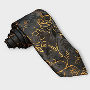 Black Gold Floral Pattern Silk Tie Pocket Square Cufflink Set
