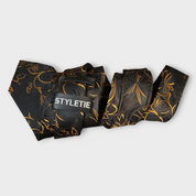 Black Gold Floral Pattern Silk Tie Pocket Square Cufflink Set