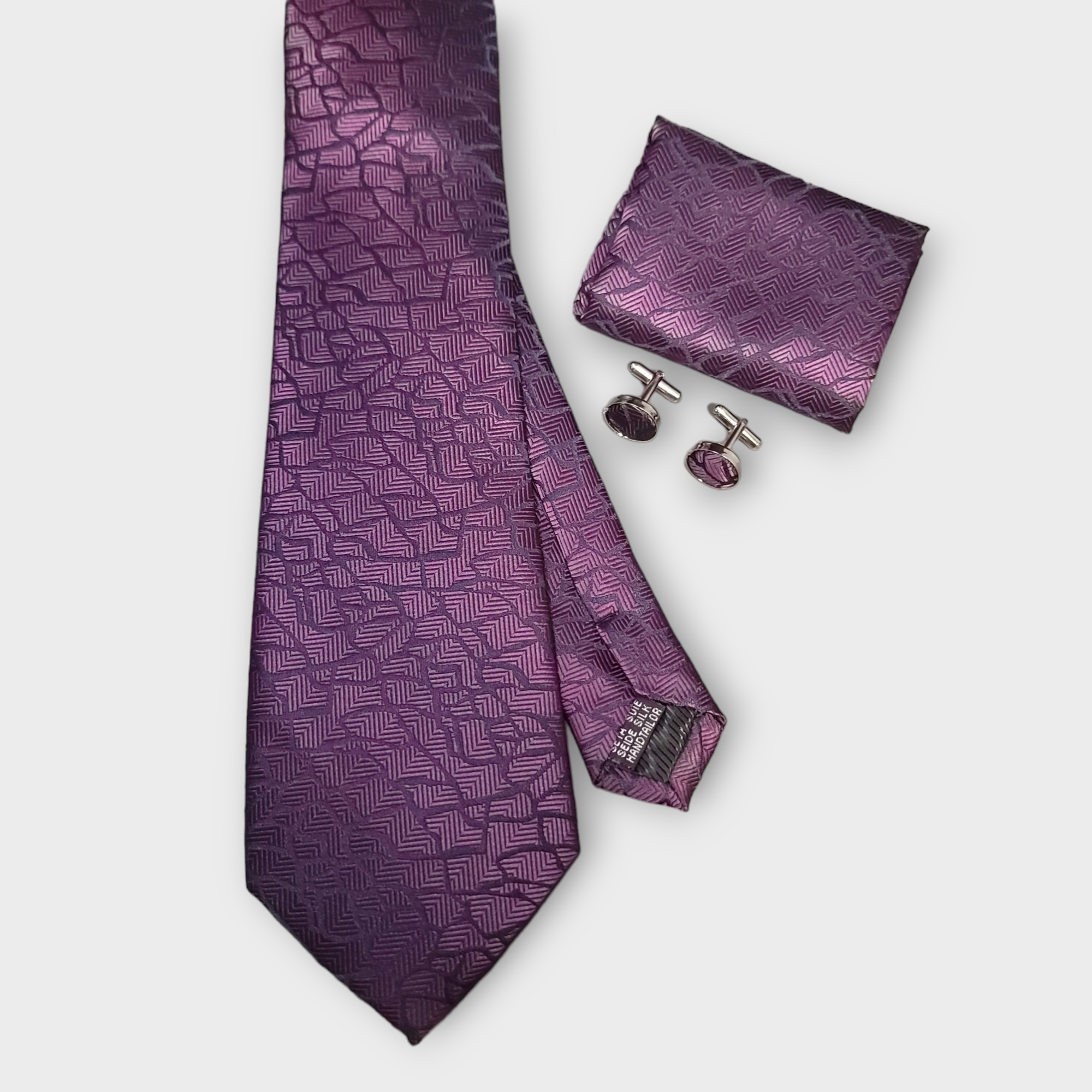 Purple Geometric Silk Tie Pocket Square Cufflinks Set