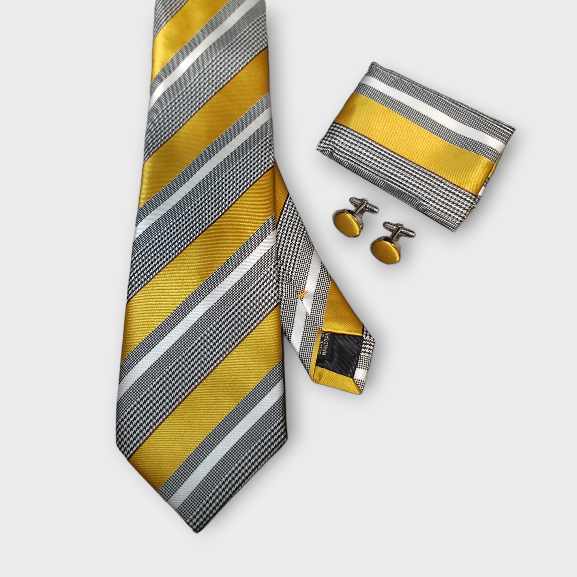 Gold White Striped Silk Tie Pocket Square Cufflinks Set