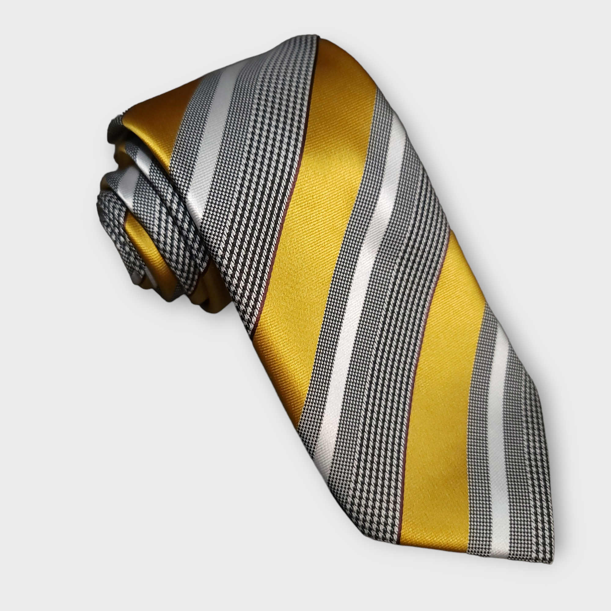 Gold White Striped Silk Tie Pocket Square Cufflinks Set