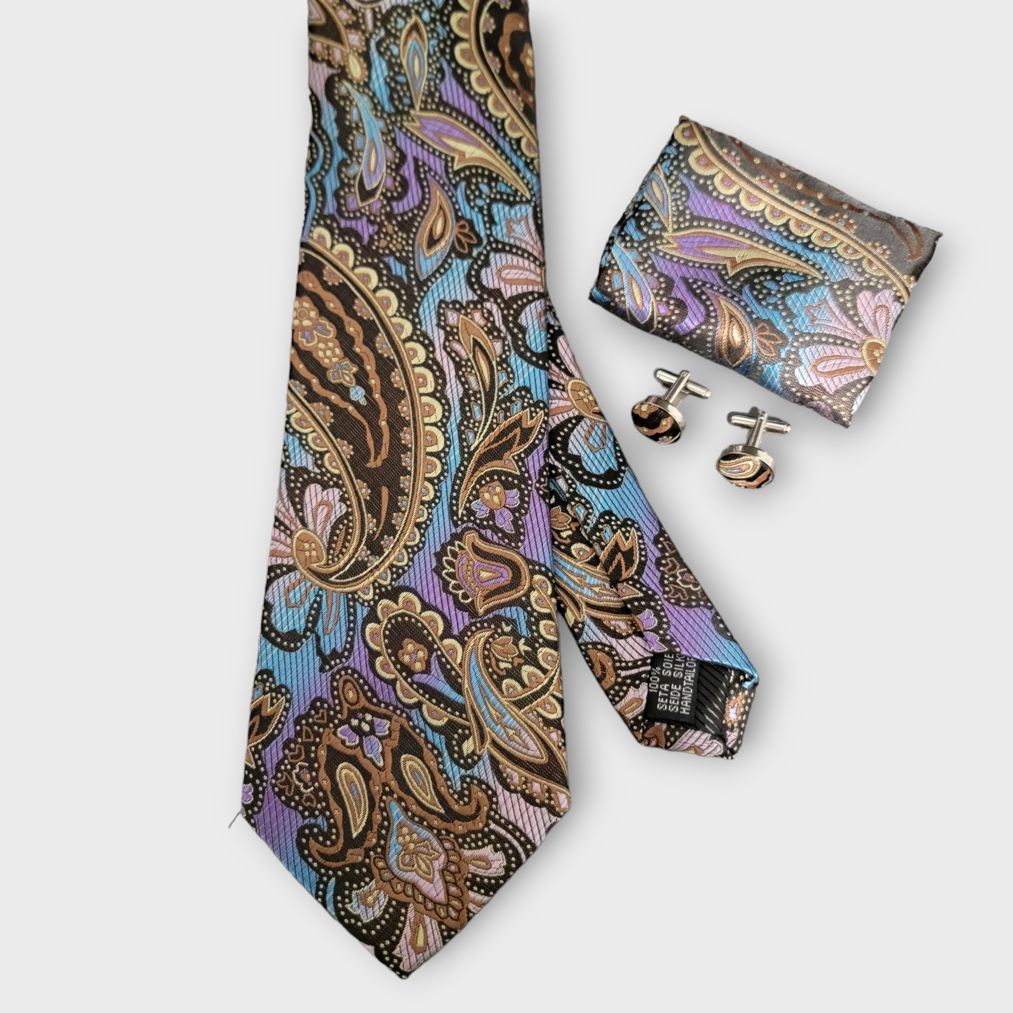 Brown Colorful Paisley Silk Tie Pocket Square Cufflink Set