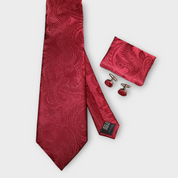 Red Wine Paisley Striped Silk Tie Pocket Square Cufflinks Set