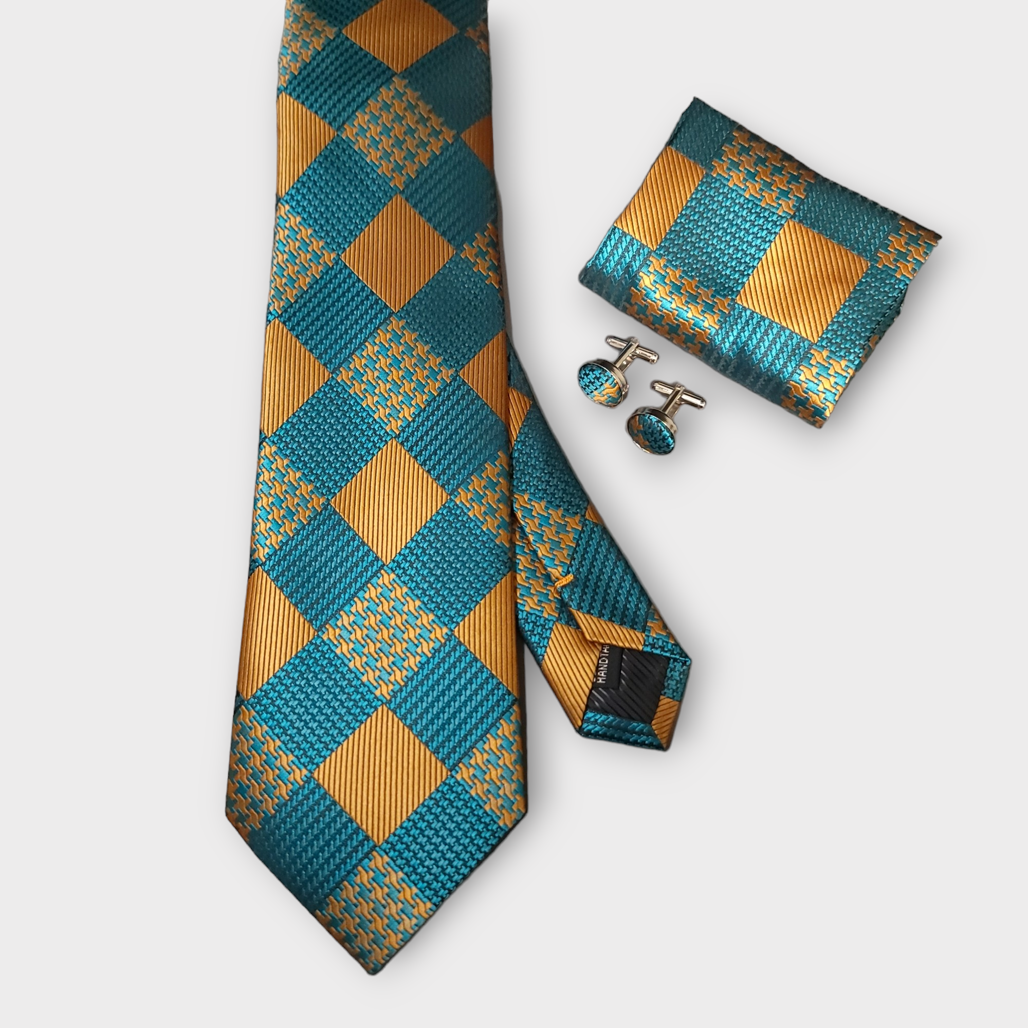 Teal Green Plaid Silk Tie Pocket Square Cufflink Set