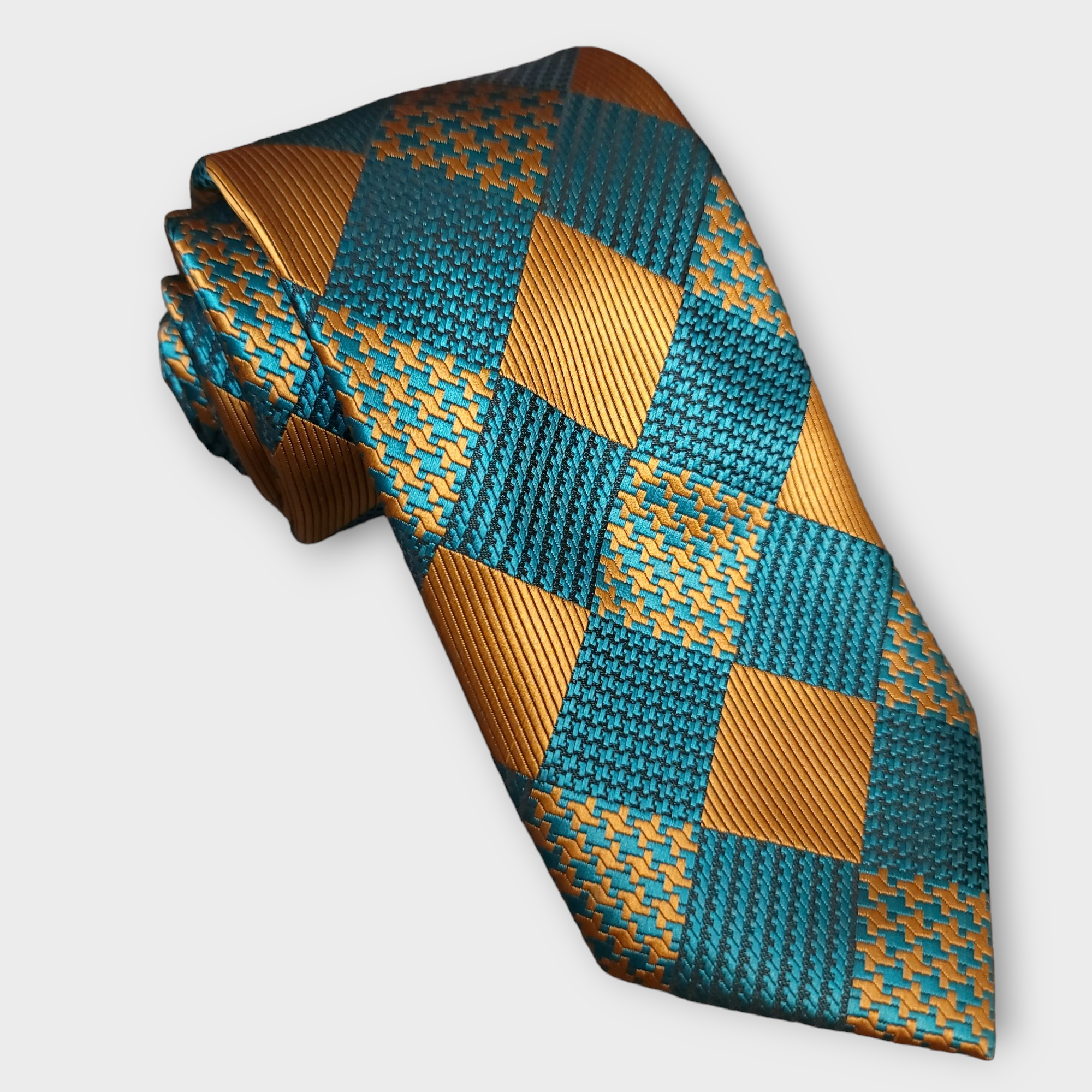 Teal Green Plaid Silk Tie Pocket Square Cufflink Set