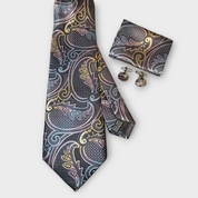 Gray Paisley Tie Hanky Cufflinks Set 100% Silk