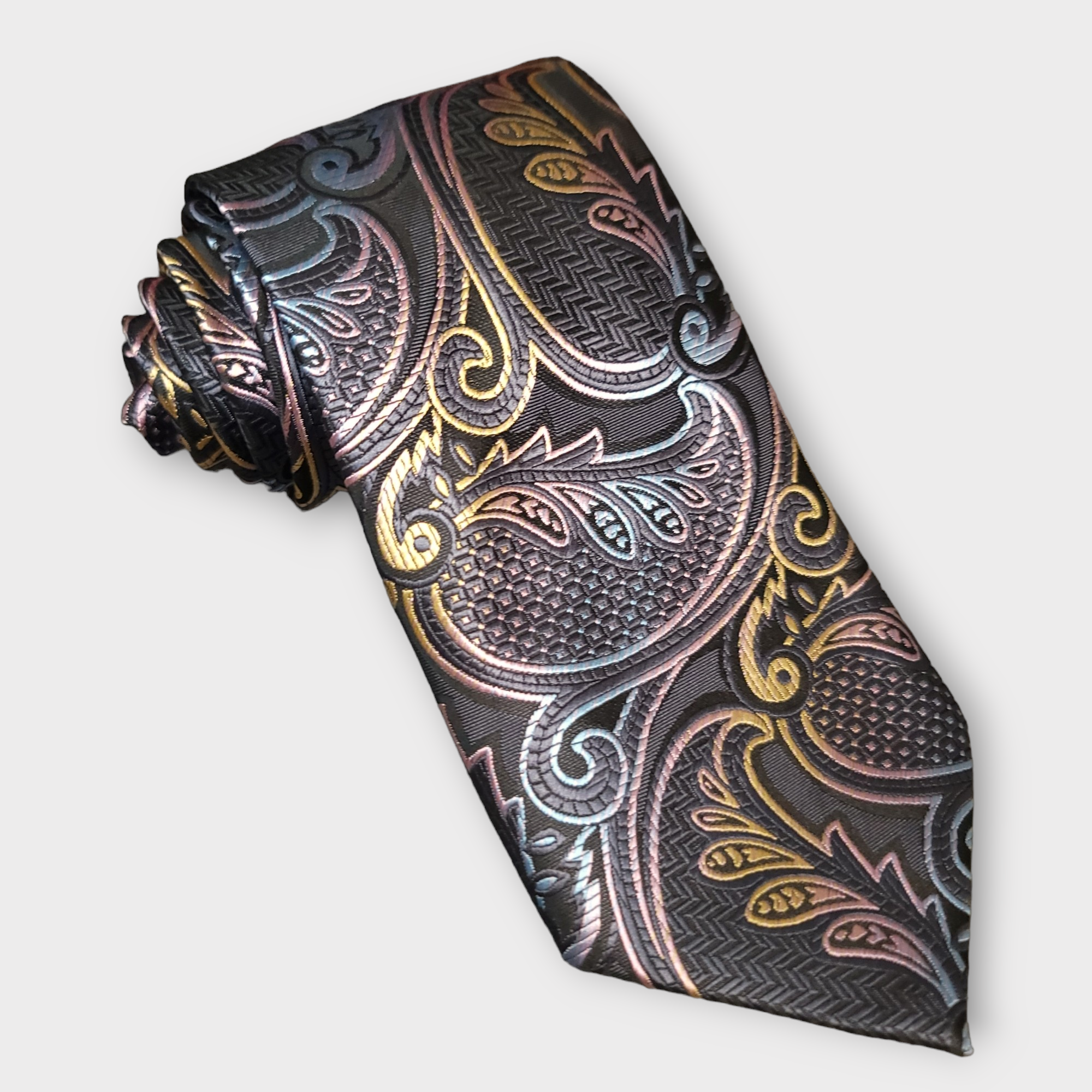 Gray Paisley Tie Hanky Cufflinks Set 100% Silk