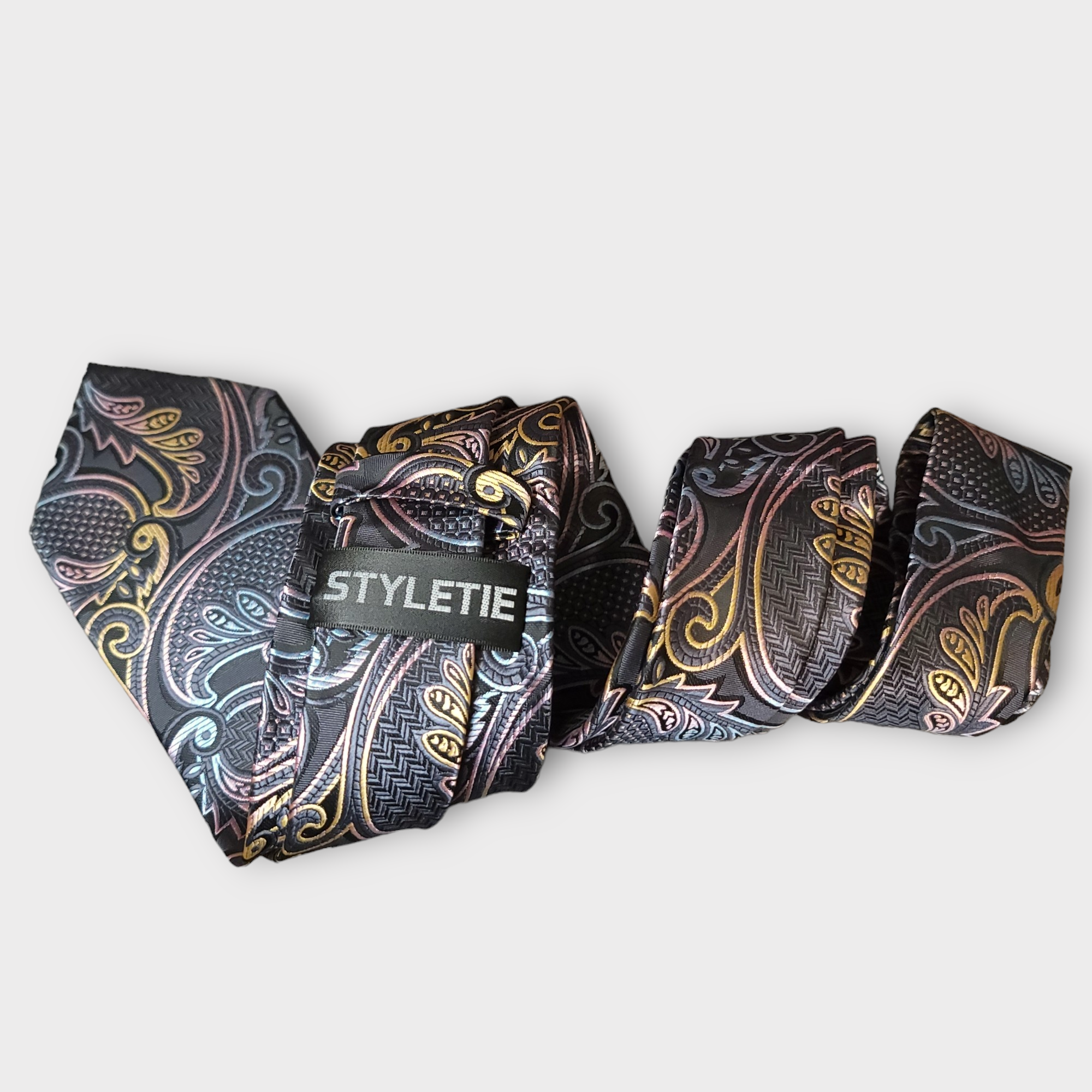 Gray Paisley Tie Hanky Cufflinks Set 100% Silk