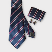 Navy Blue Purple Stripe Silk Tie Pocket Square Cufflink Set