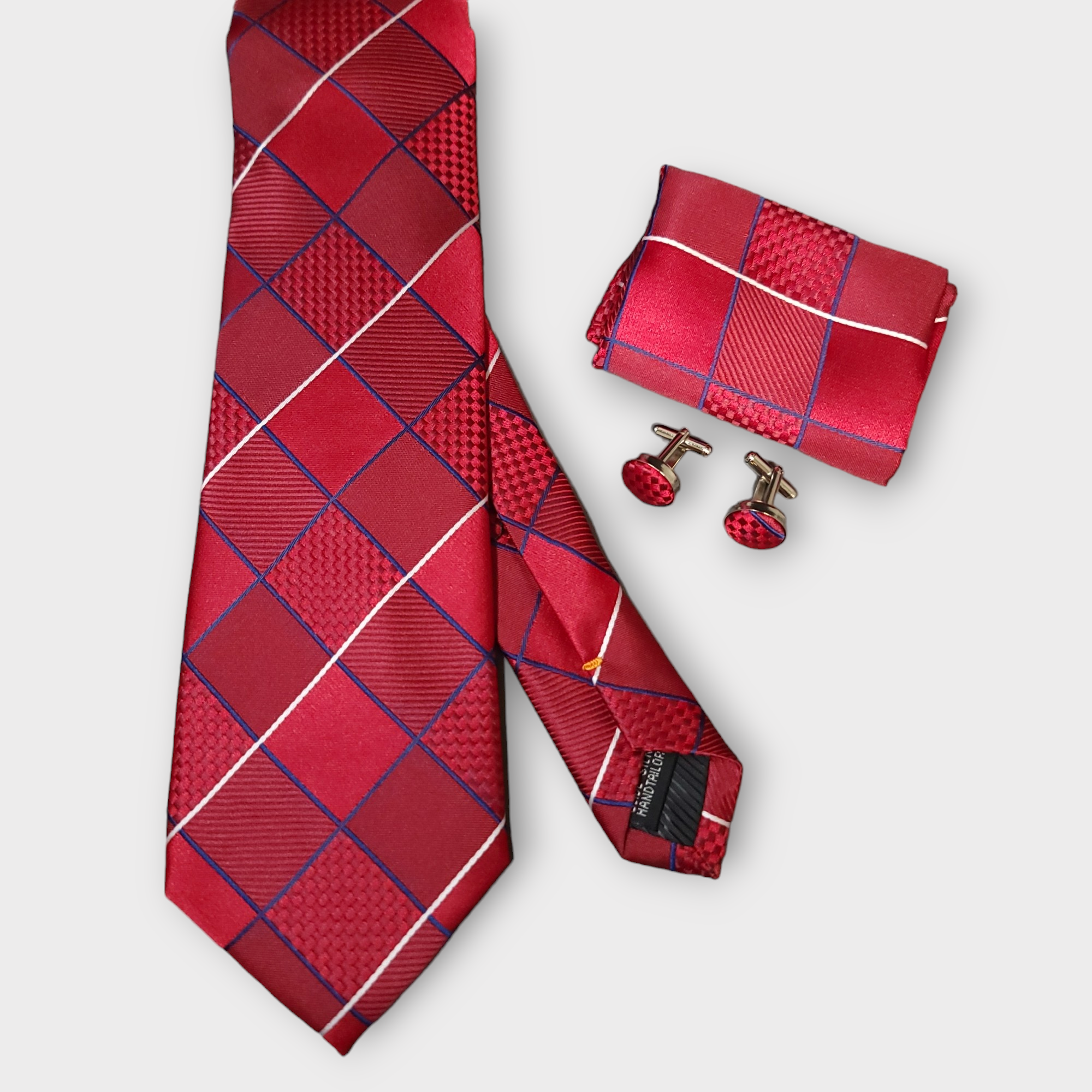 Red Plaid Silk Tie Pocket Square Cufflink Set