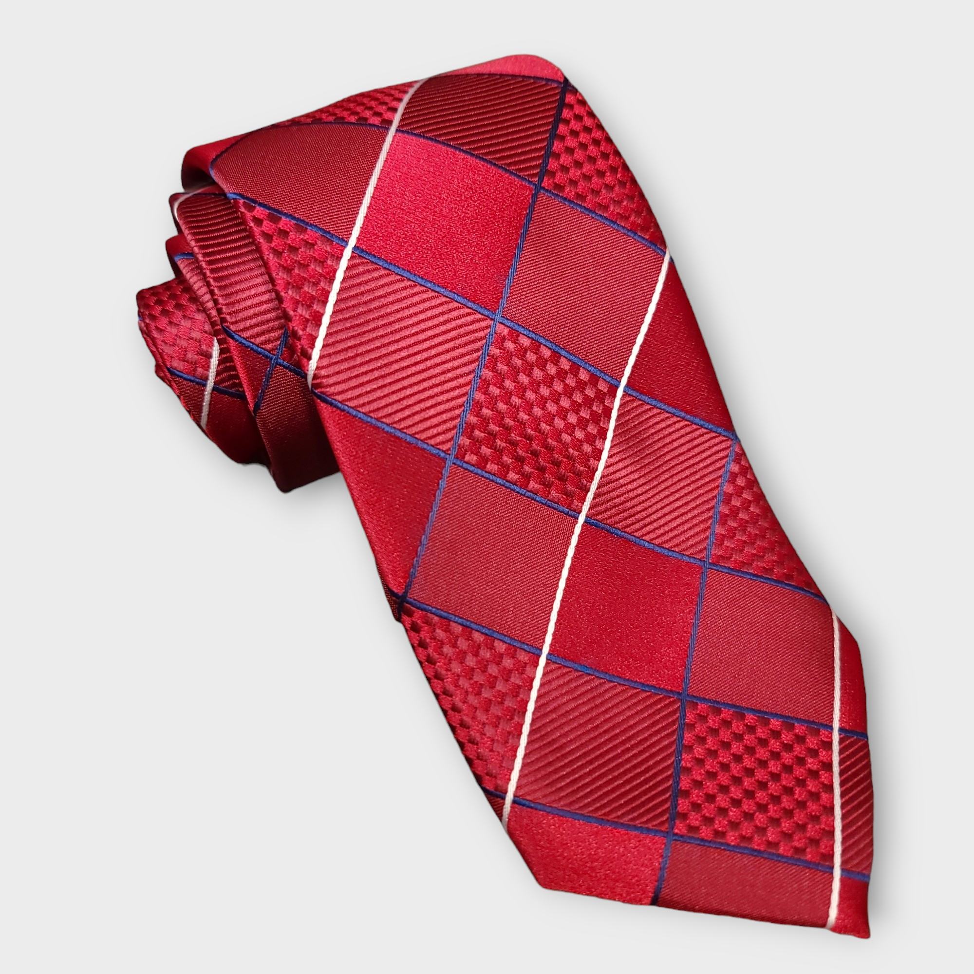 Red Plaid Silk Tie Pocket Square Cufflink Set