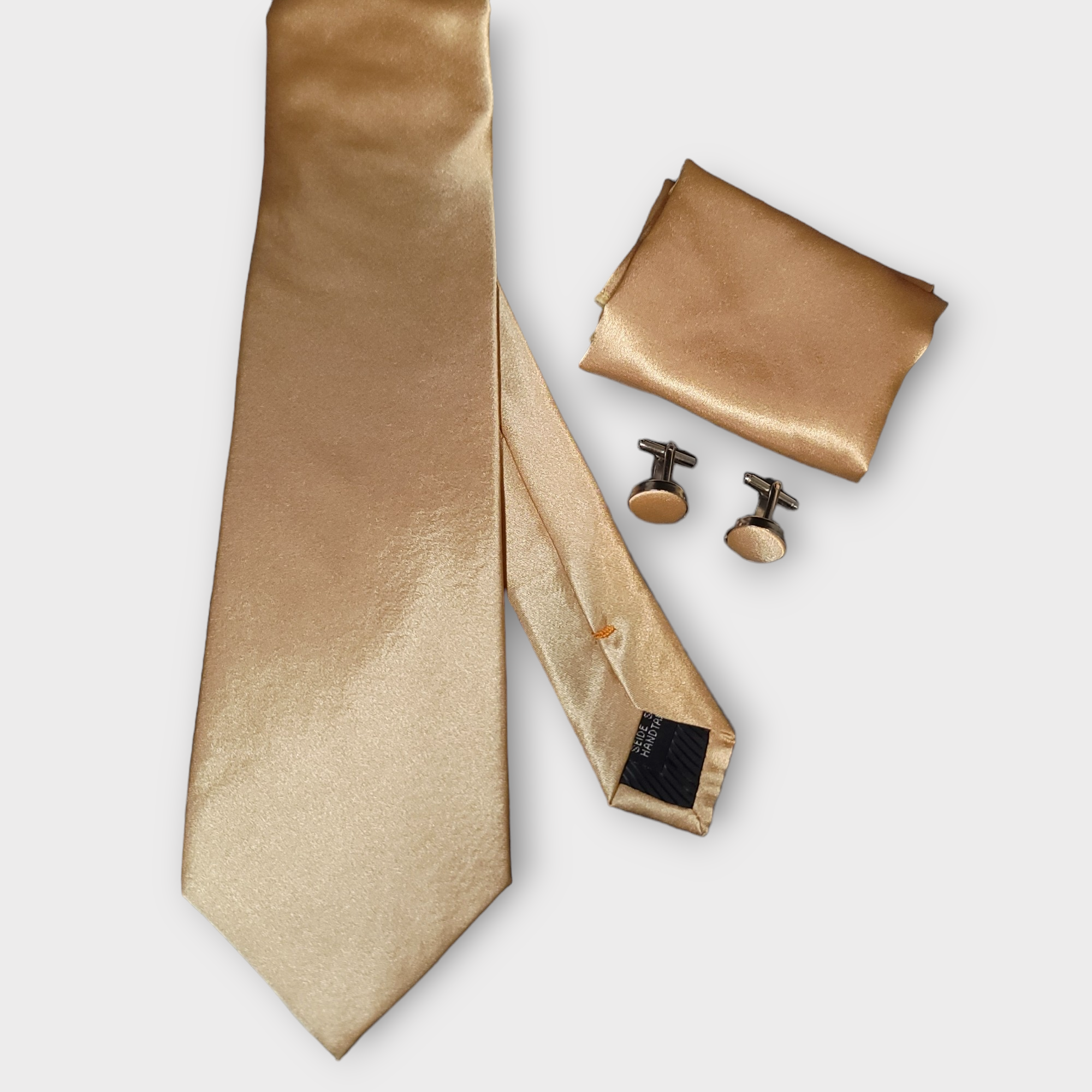 Solid Pale Gold Silk Tie Pocket Square Cufflink Set