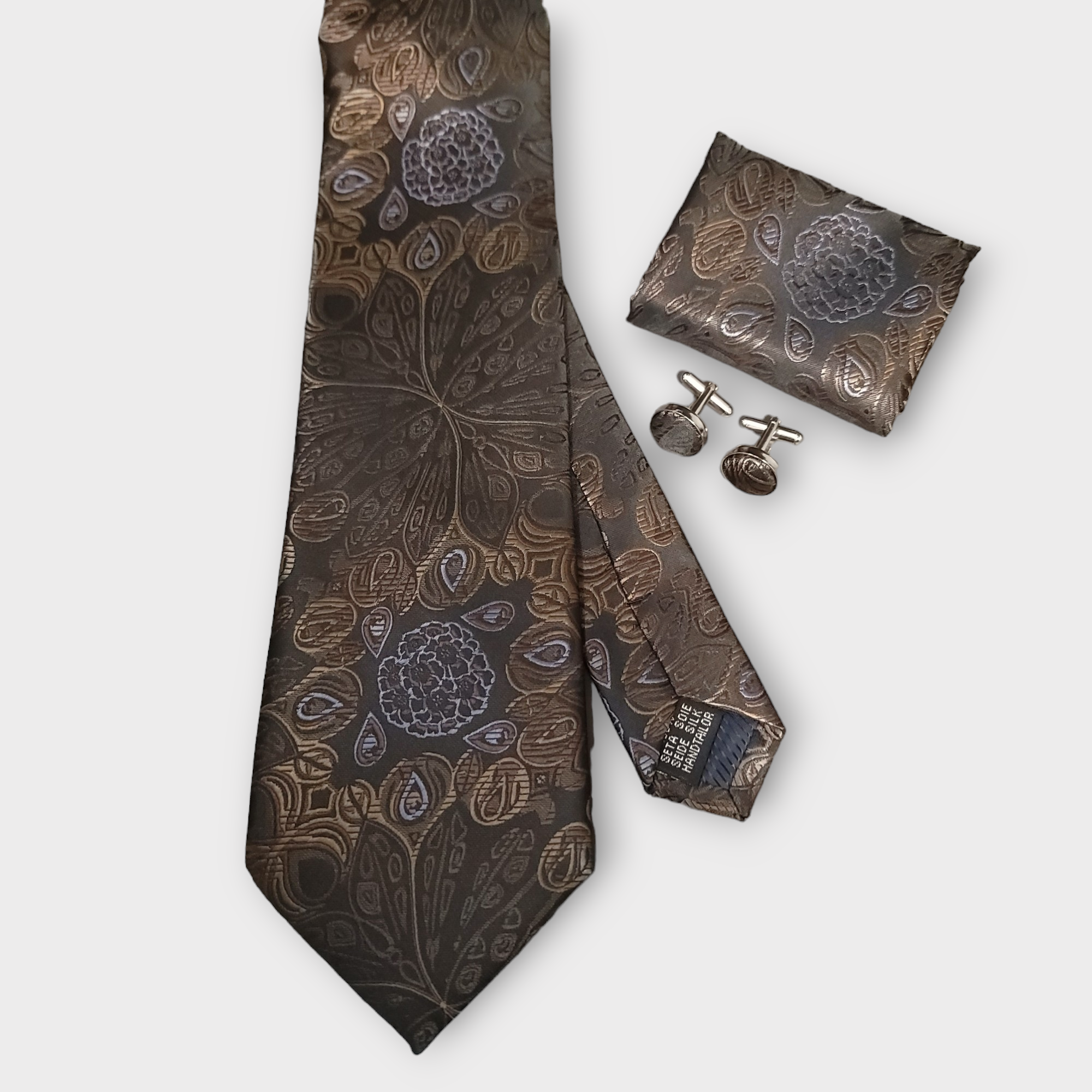 Brown Peacock Silk Tie Pocket Square Cufflink Set