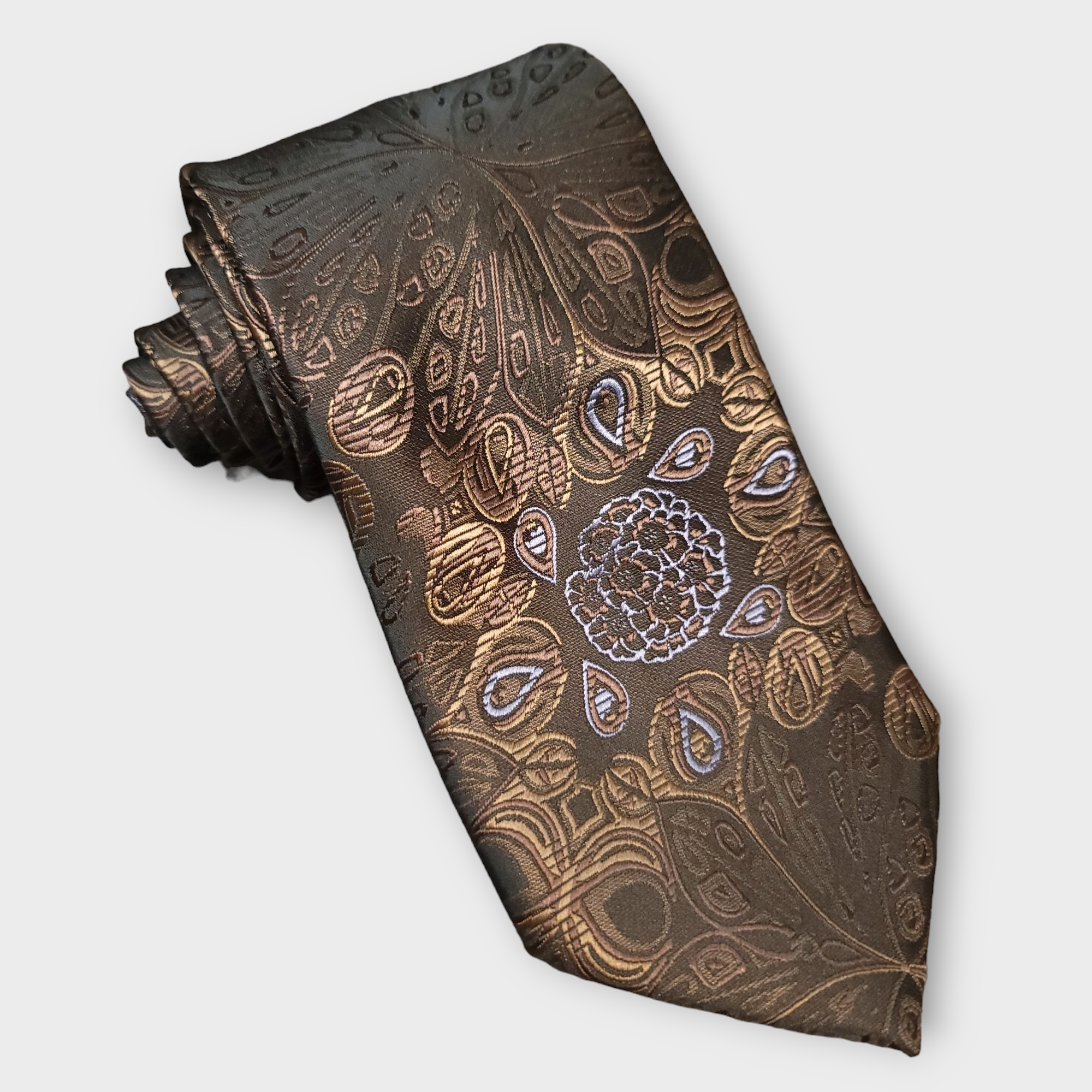 Brown Peacock Silk Tie Pocket Square Cufflink Set