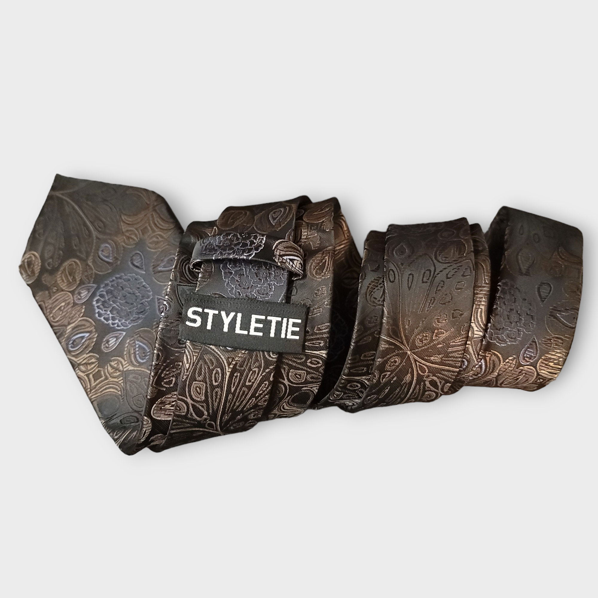 Brown Peacock Silk Tie Pocket Square Cufflink Set