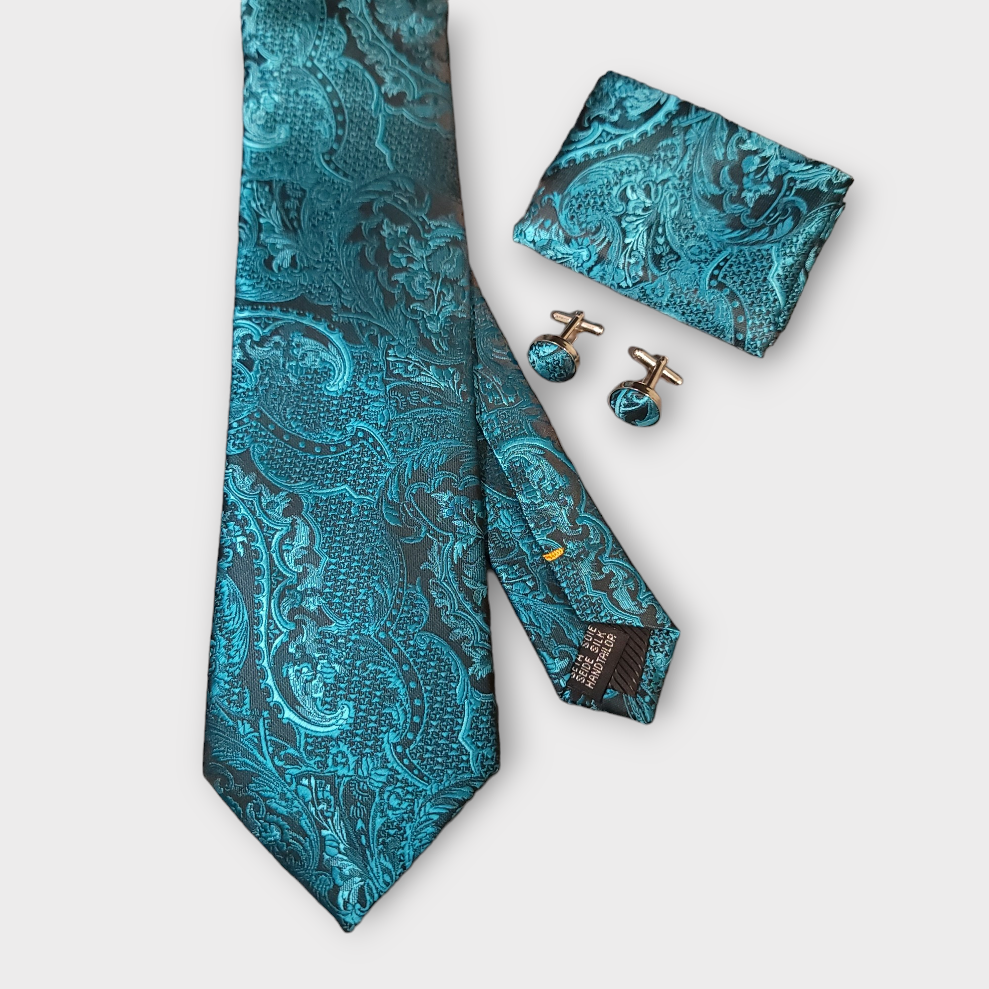 Teal Paisley Silk Tie Pocket Square Cufflink Set
