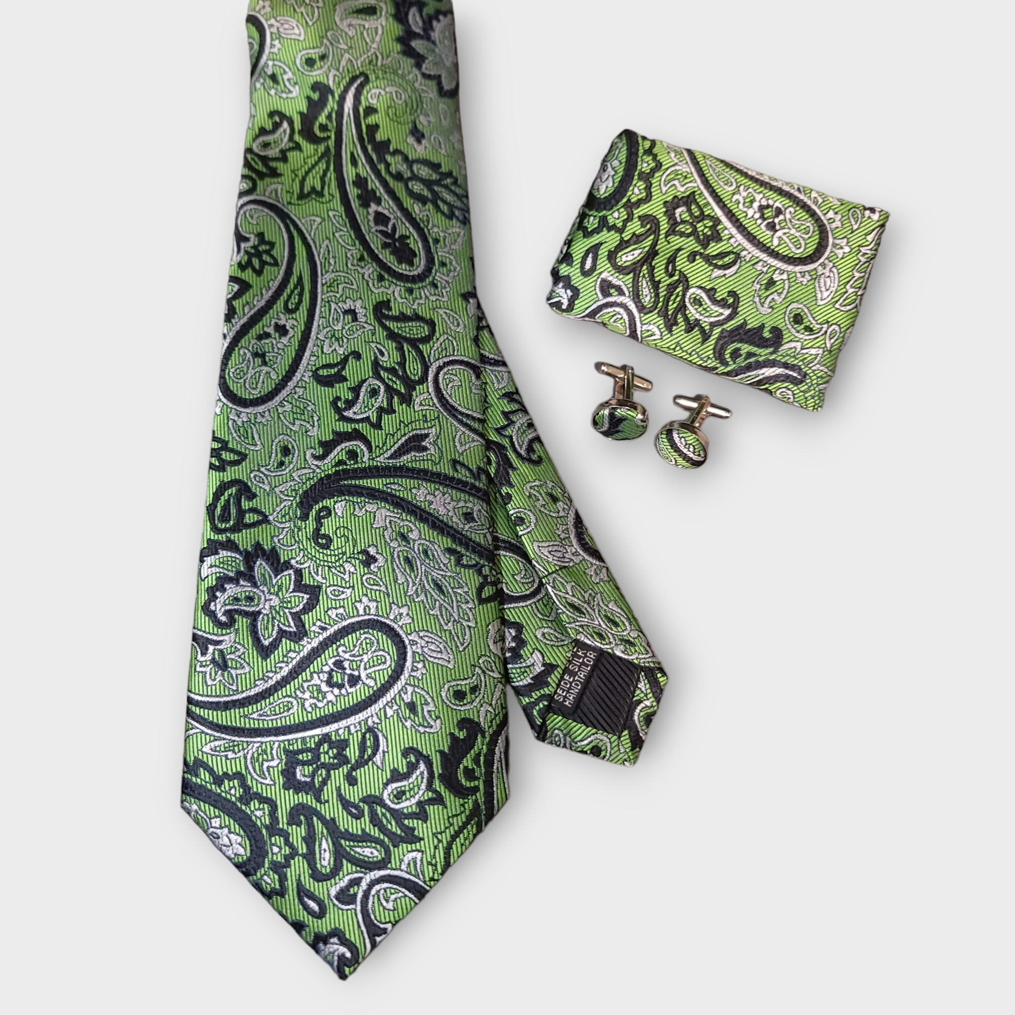 Lime Green Paisley Silk Tie Pocket Square Cufflink Set