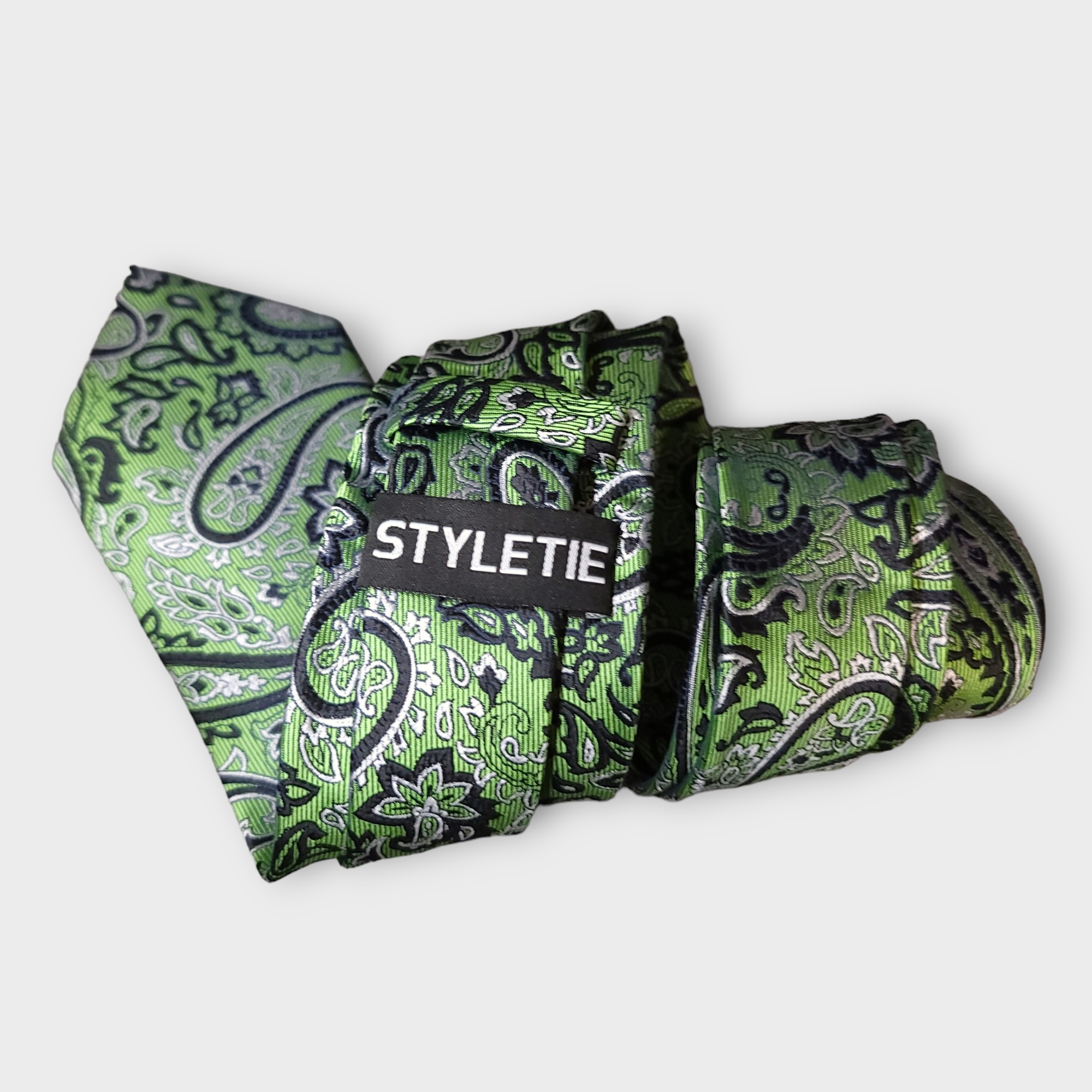 Lime Green Paisley Silk Tie Pocket Square Cufflink Set