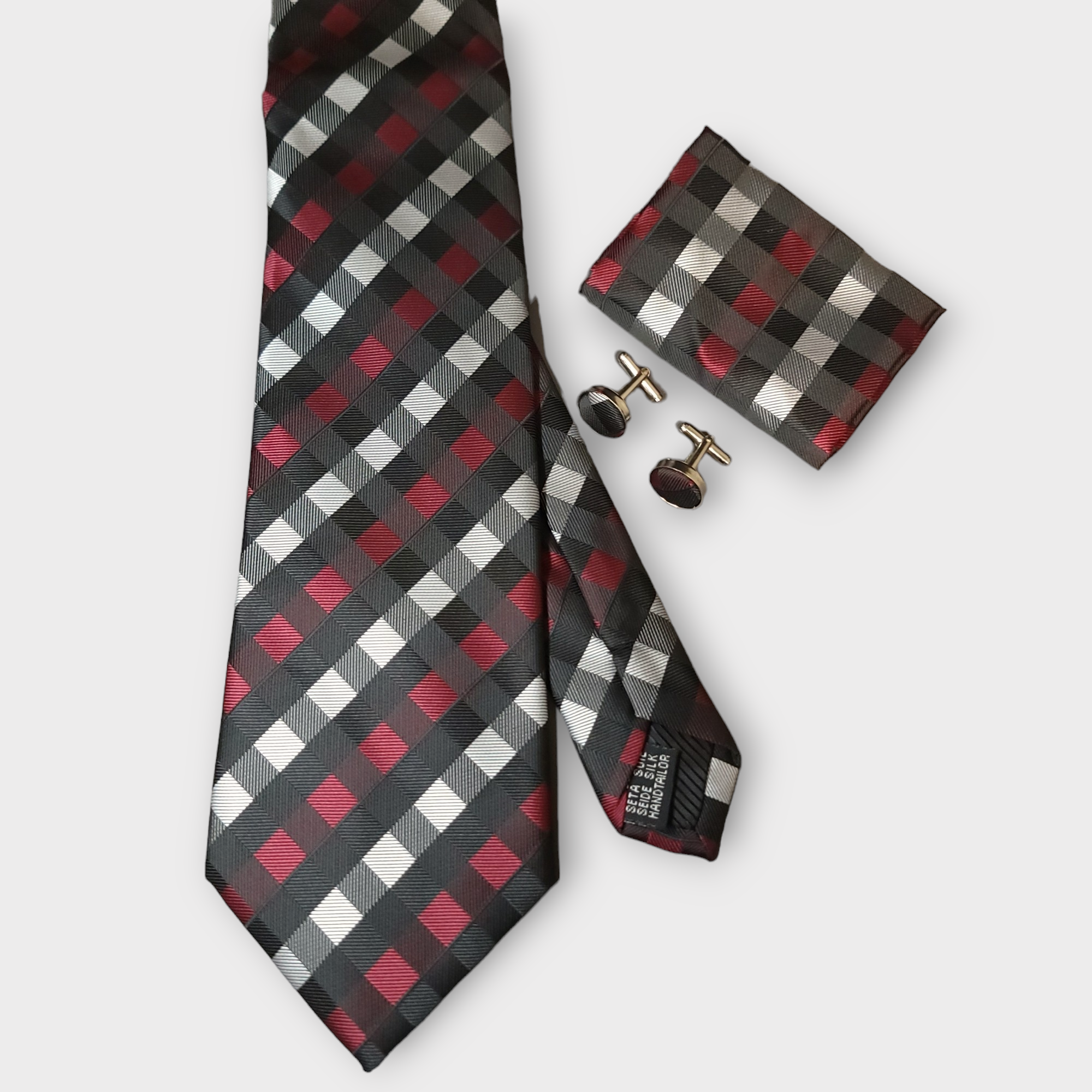 Red Black White Plaid Silk Tie Pocket Square Cufflink Set