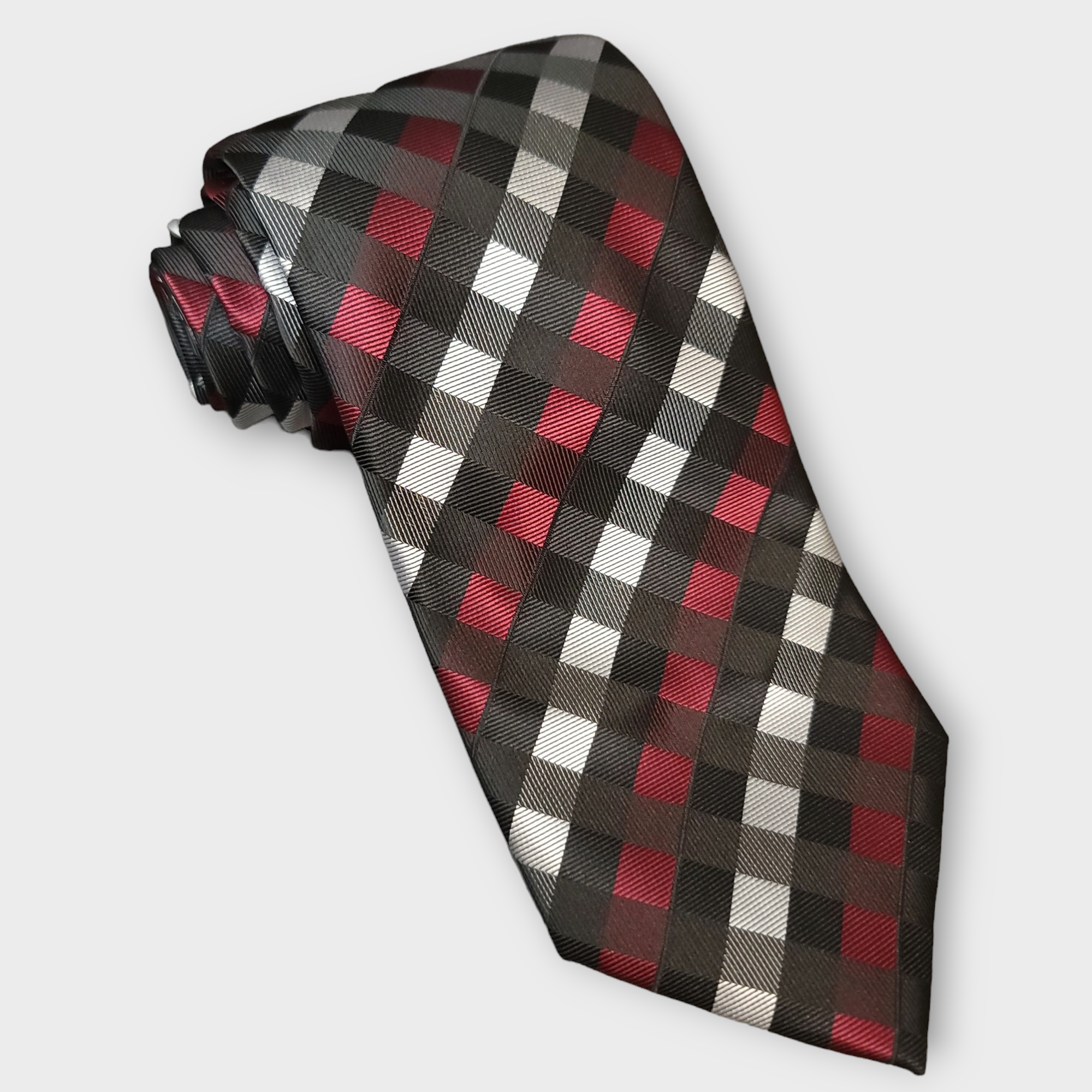 Red Black White Plaid Silk Tie Pocket Square Cufflink Set