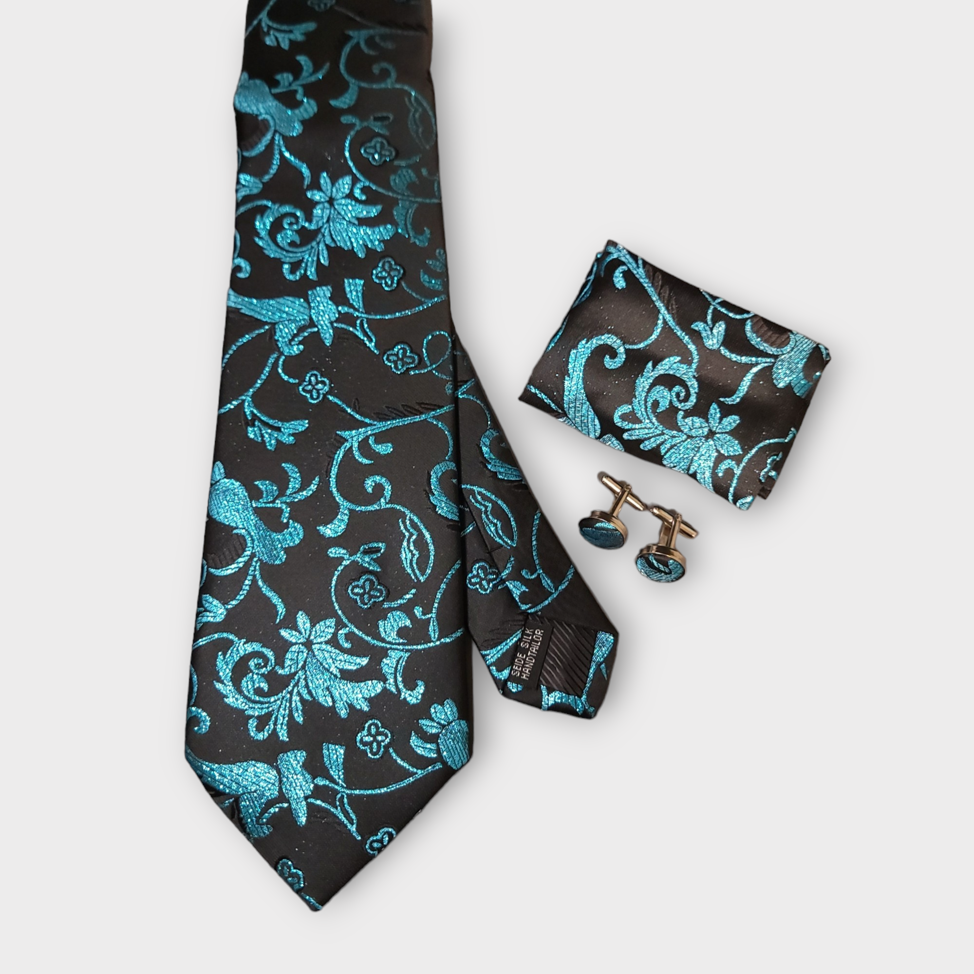 Black Blue Floral Silk Tie Pocket Square Cufflink Set