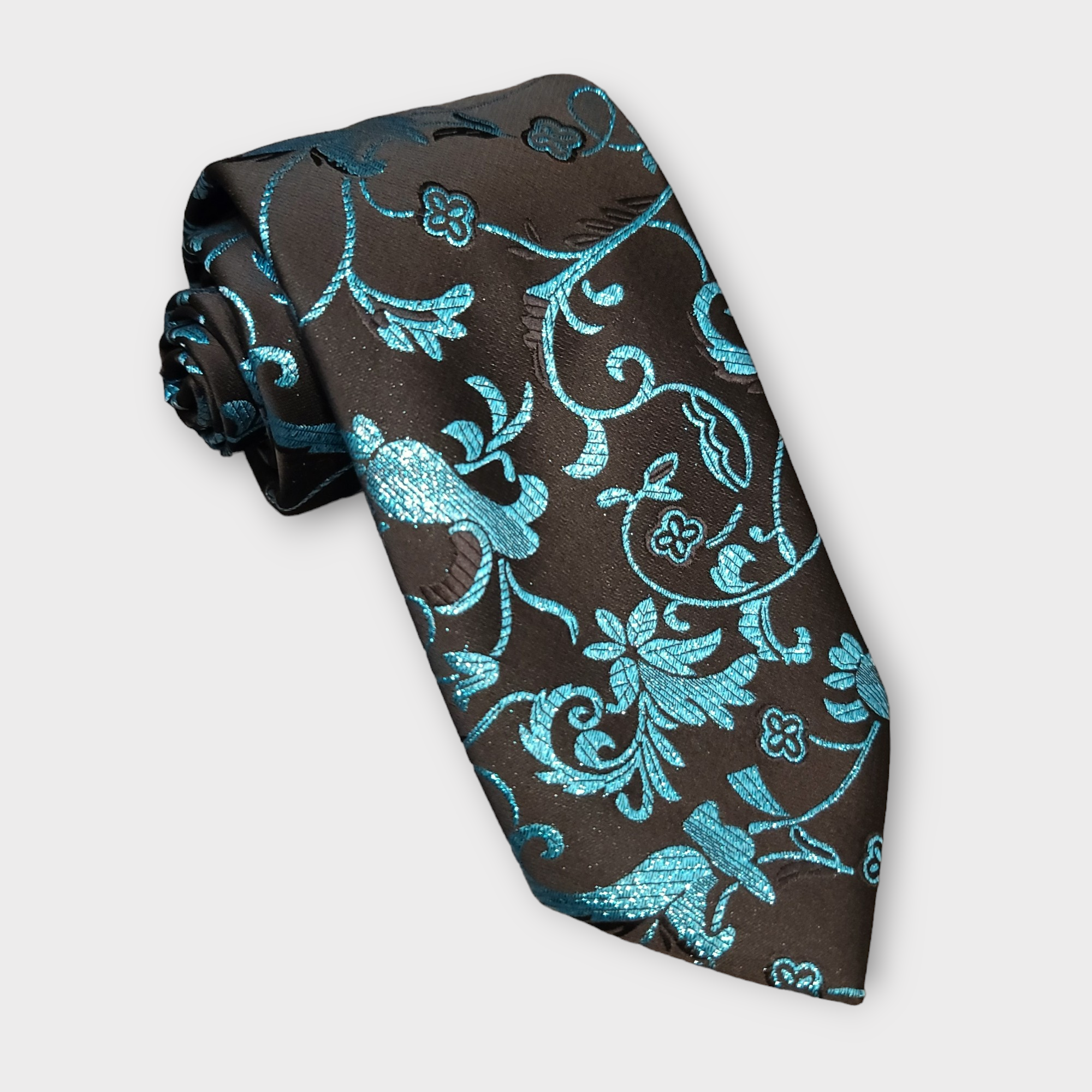 Black Blue Floral Silk Tie Pocket Square Cufflink Set