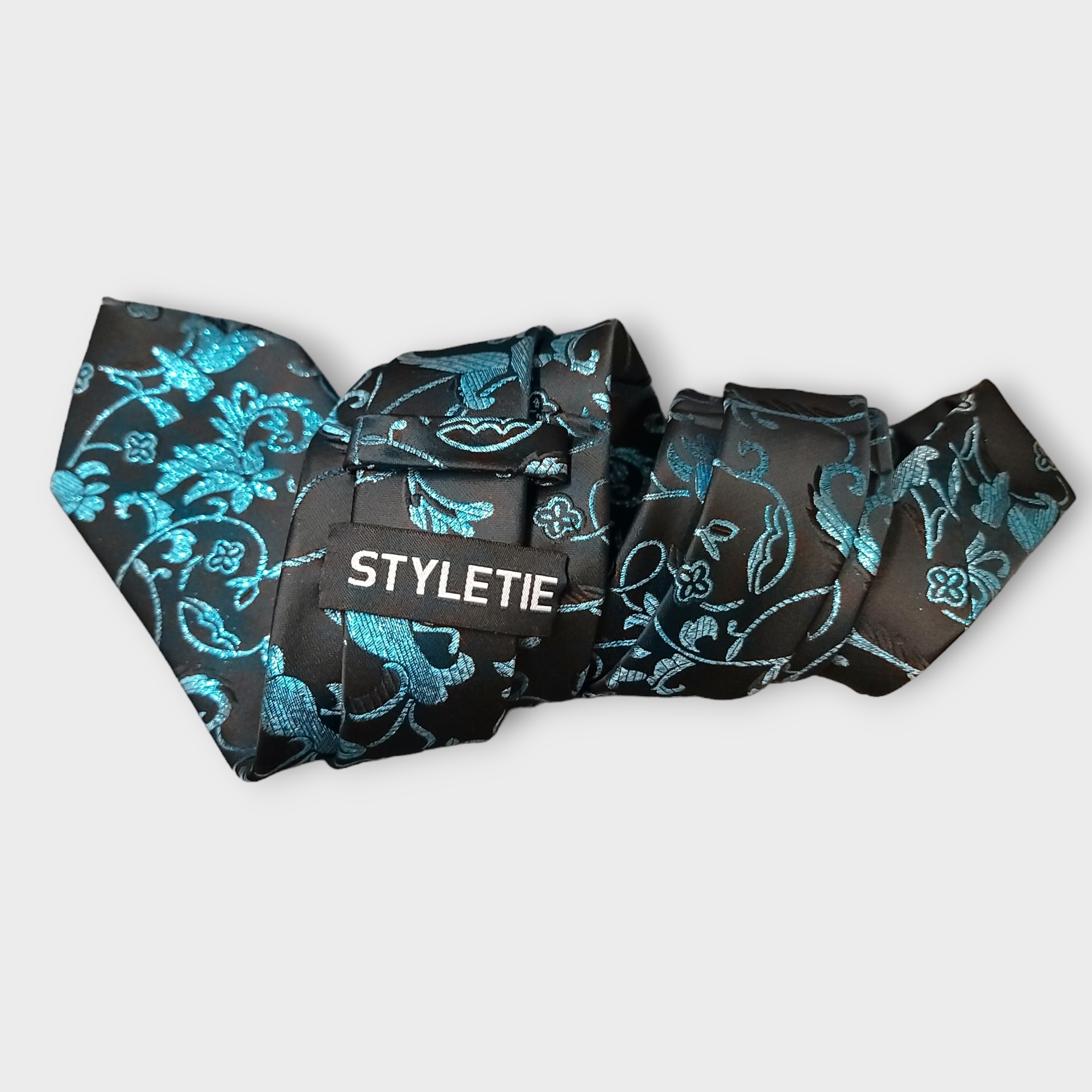 Black Blue Floral Silk Tie Pocket Square Cufflink Set