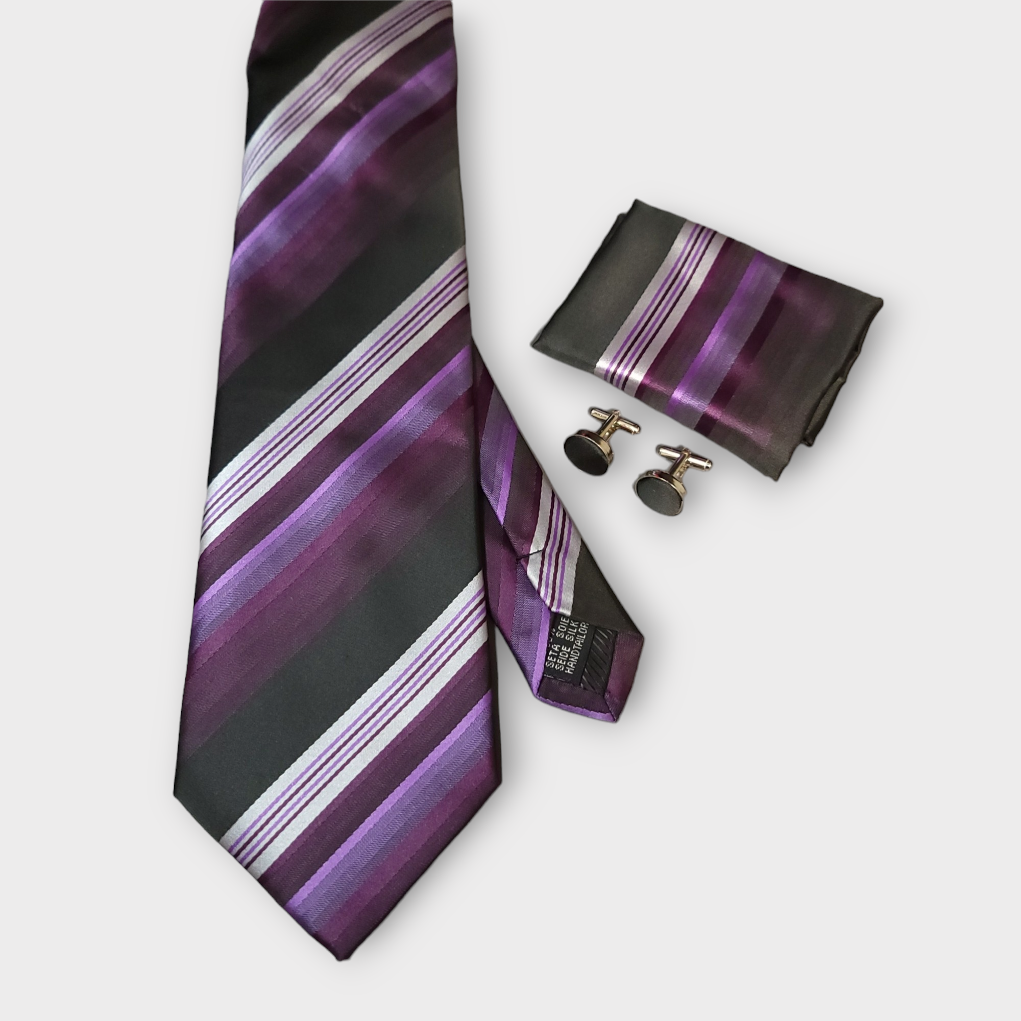 Purple Black White Striped Silk Tie Pocket Square Cufflink Set