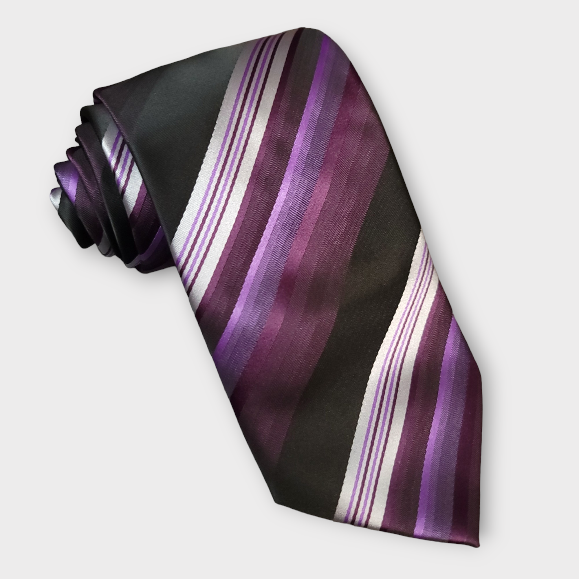 Purple Black White Striped Silk Tie Pocket Square Cufflink Set