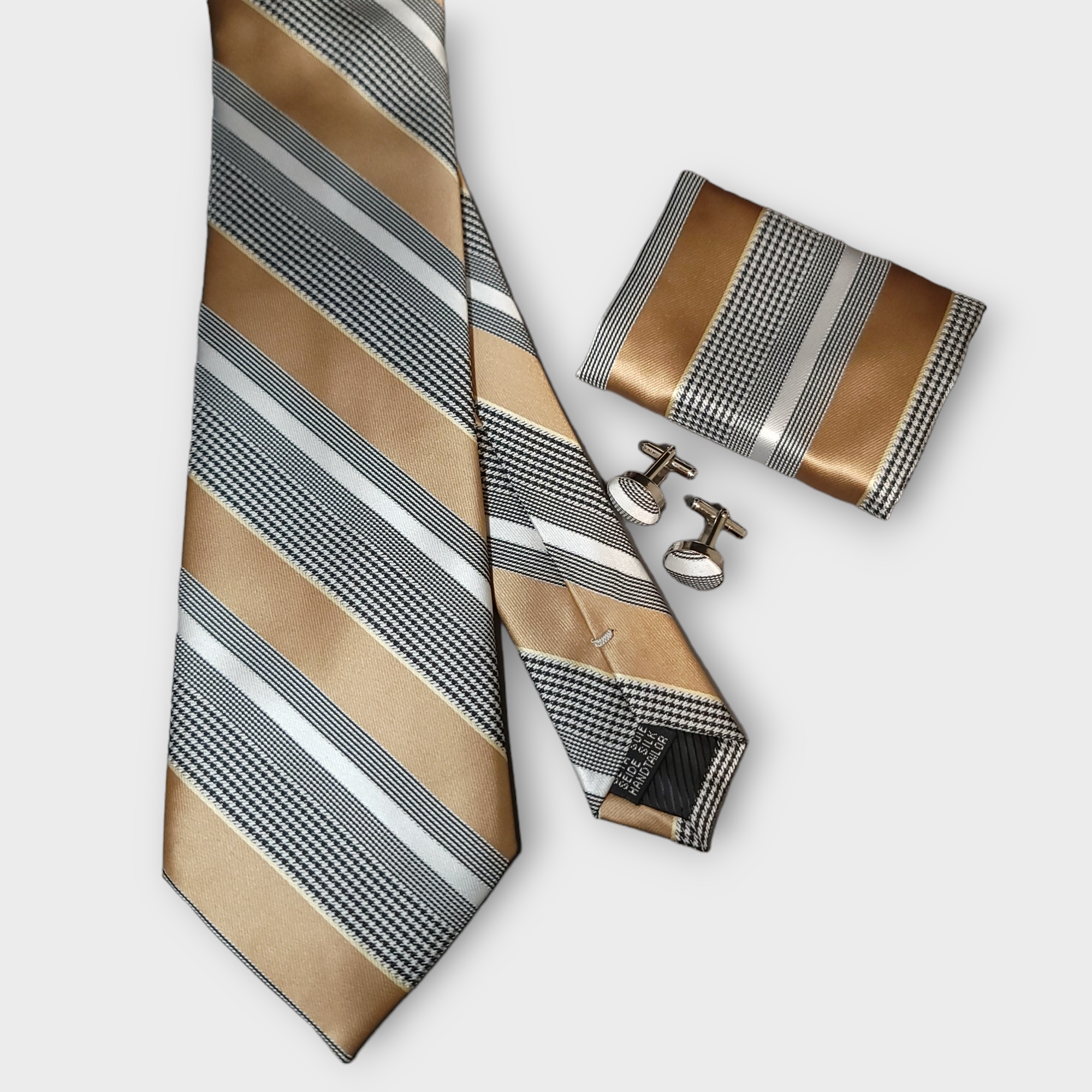 Khaki Striped Silk Tie Pocket Square Cufflink Set