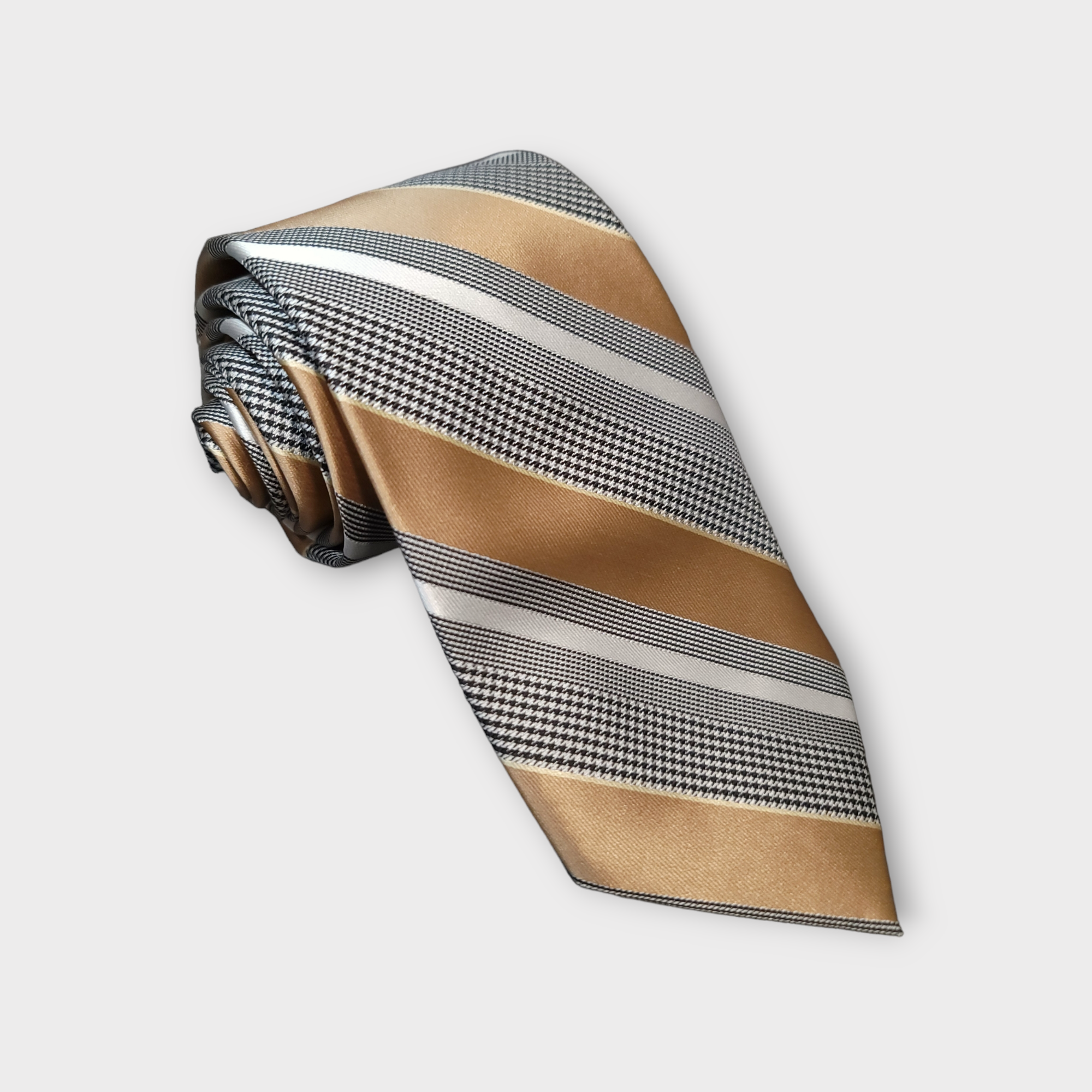 Khaki Striped Silk Tie Pocket Square Cufflink Set
