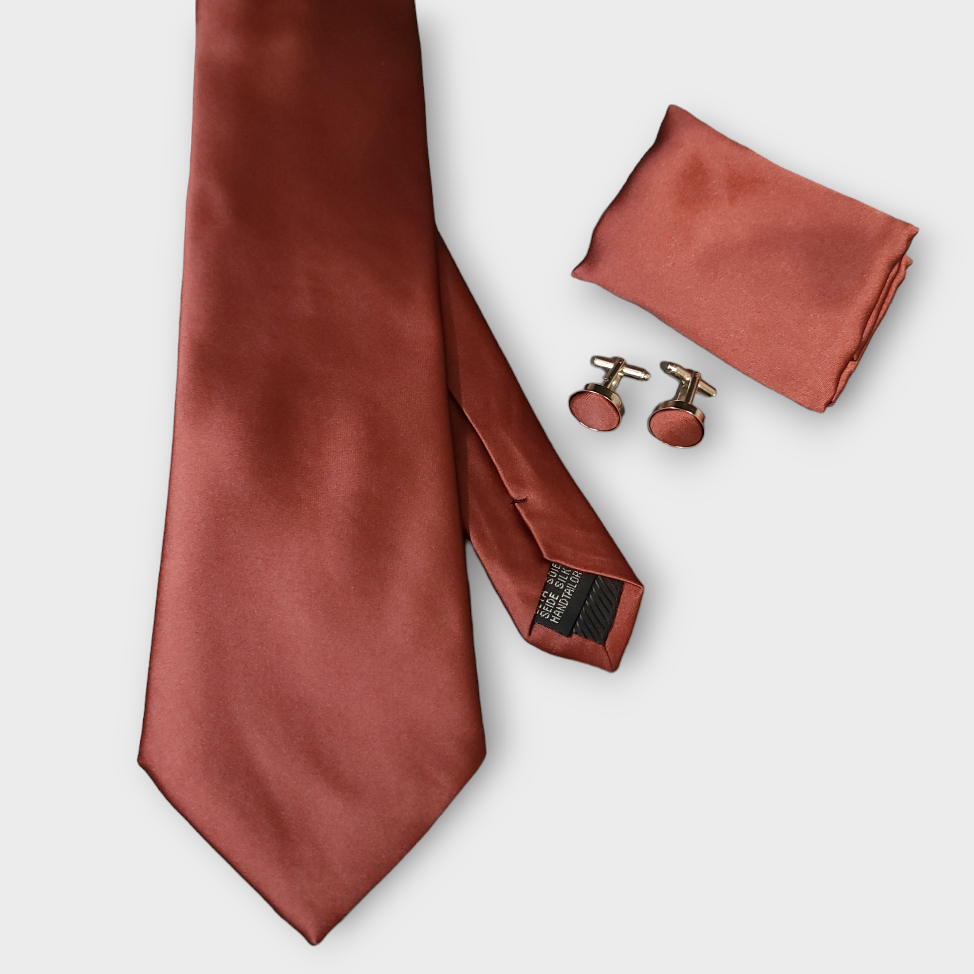 Brick Red Solid Silk Tie Pocket Square Cufflink Set