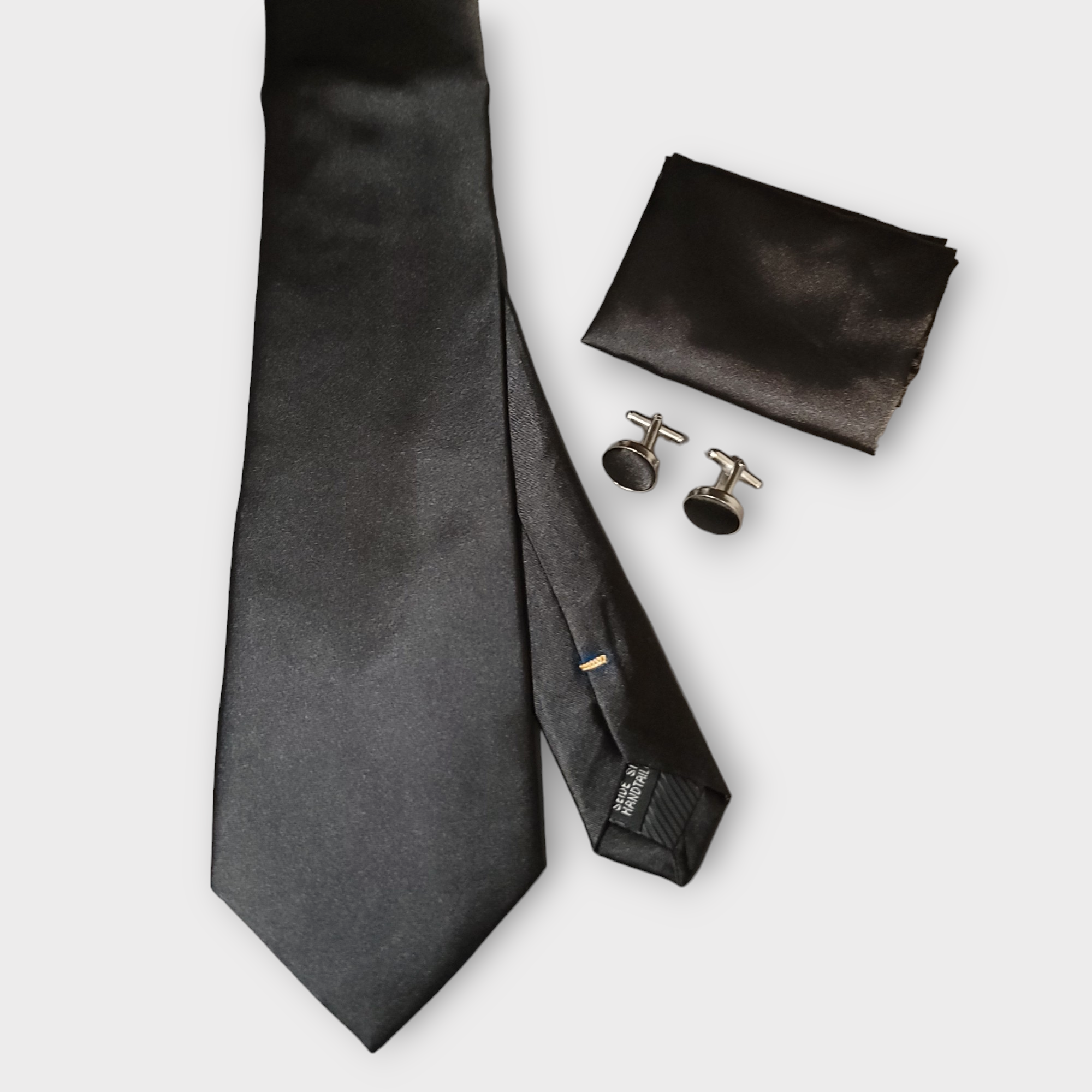 Black Solid Silk Tie Pocket Square Cufflink Set