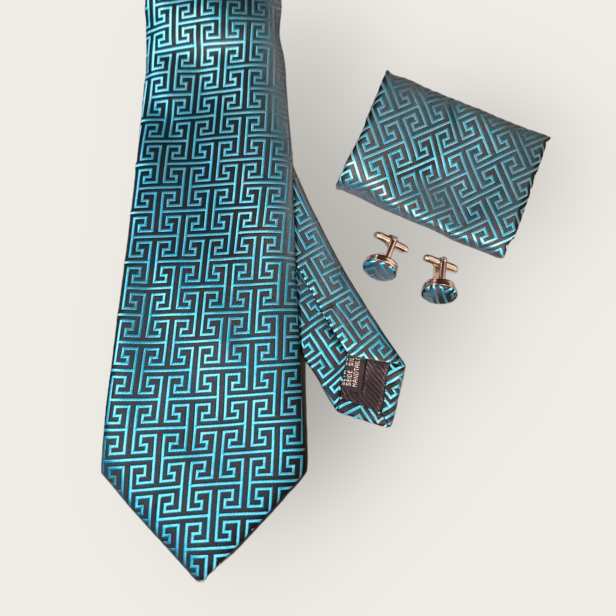 Teal Geometric Silk Tie Pocket Square Cufflink Set