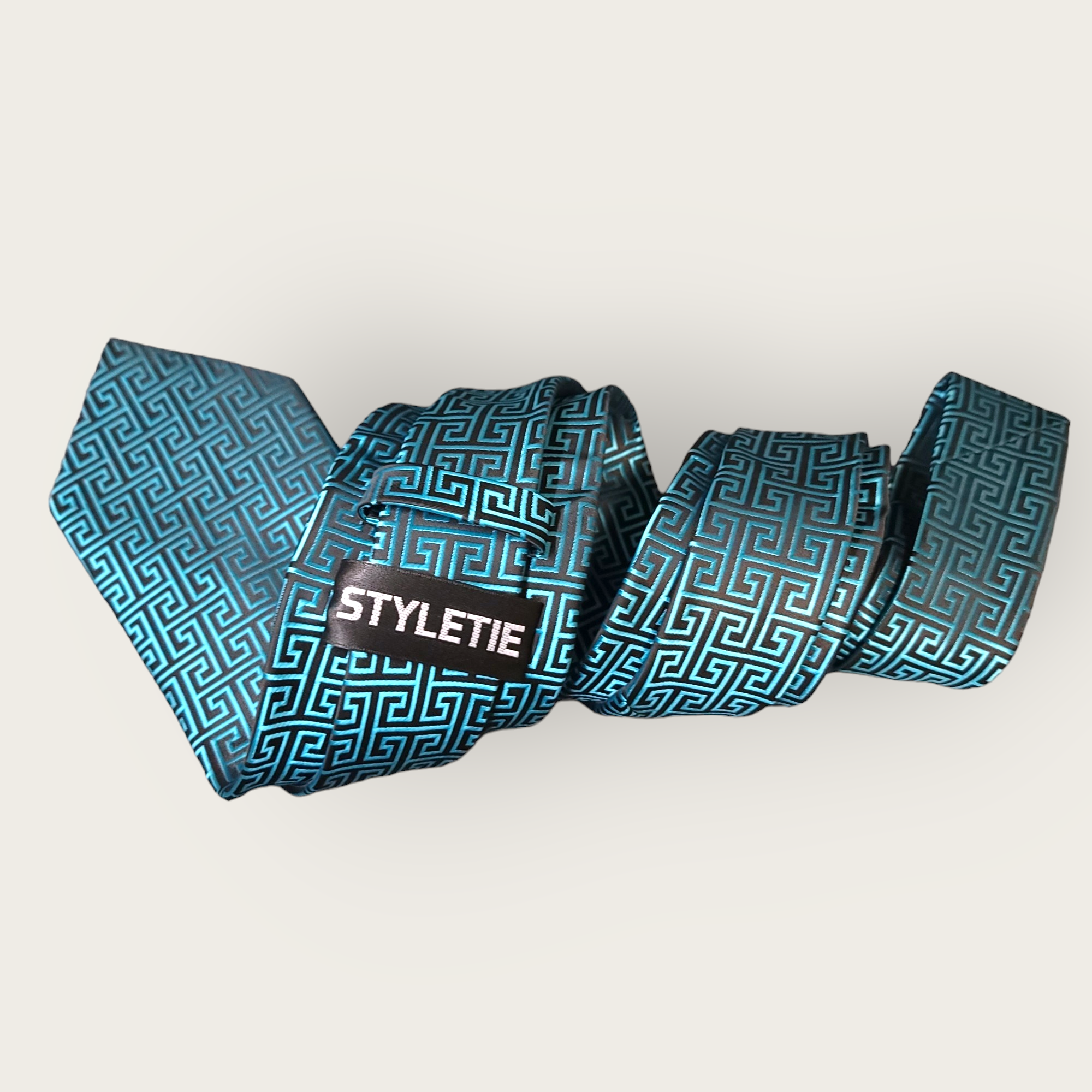 Teal Geometric Silk Tie Pocket Square Cufflink Set