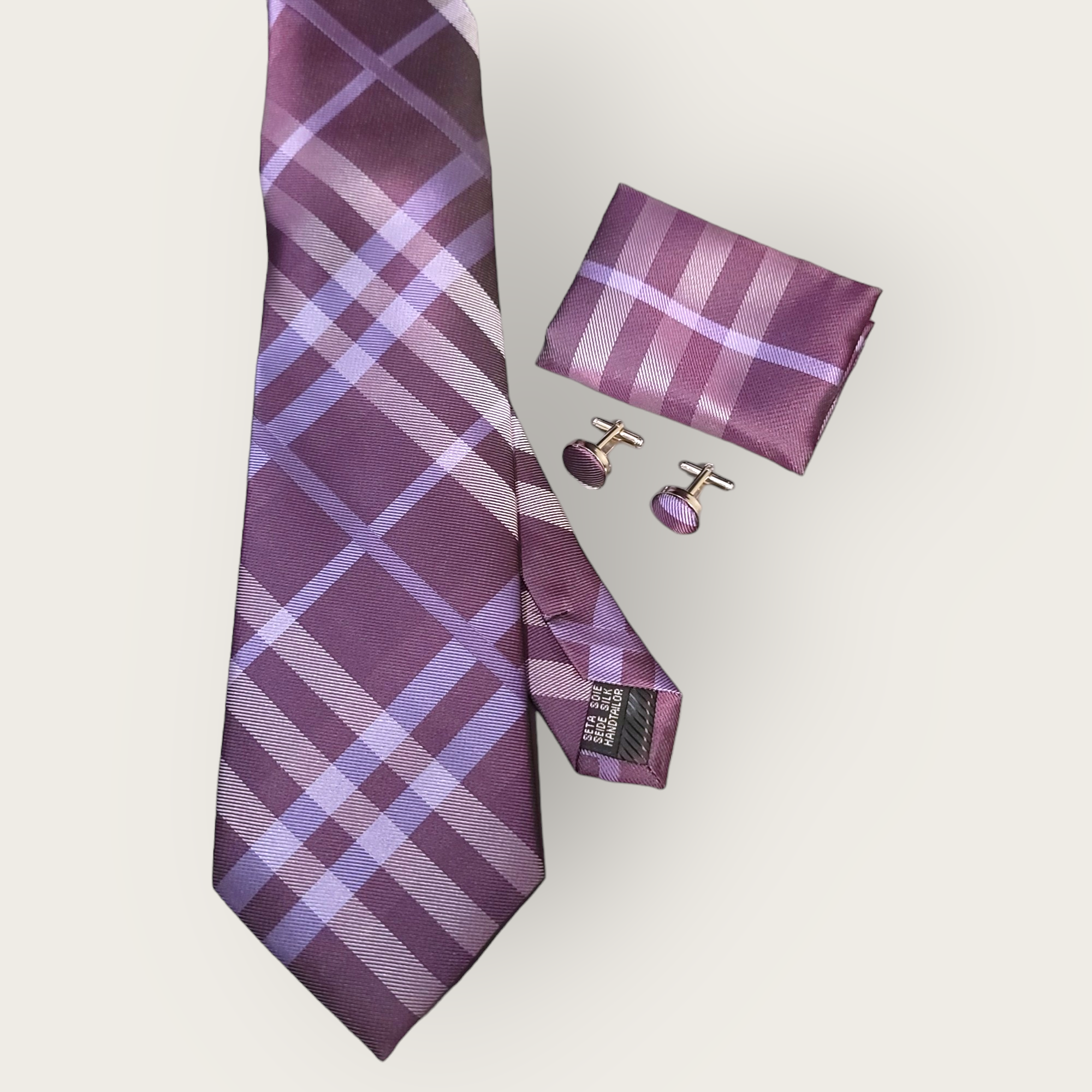 Purple Stripe Silk Tie Pocket Square Cufflink Set