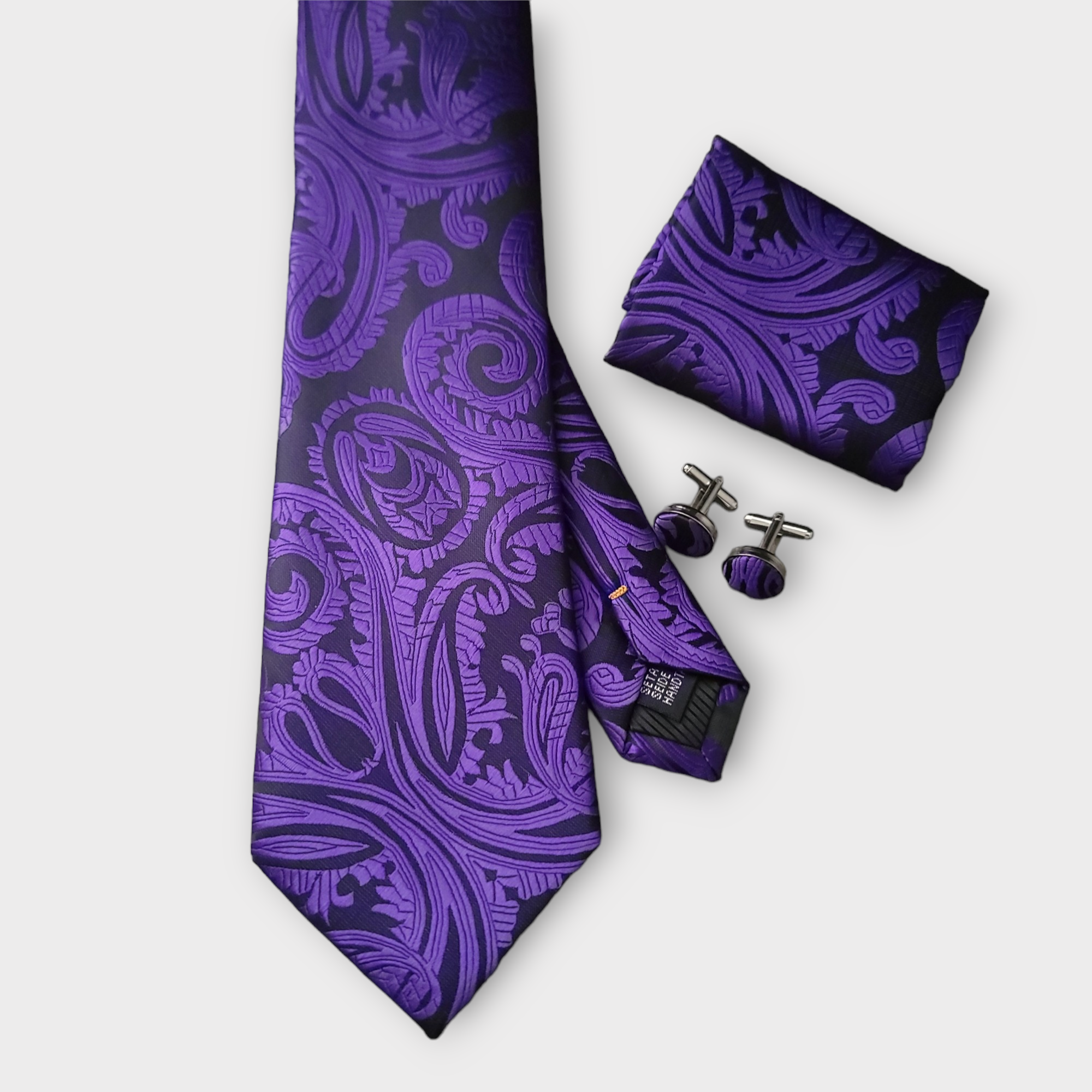 Black Purple Paisley Silk Tie Pocket Square Cufflink Set